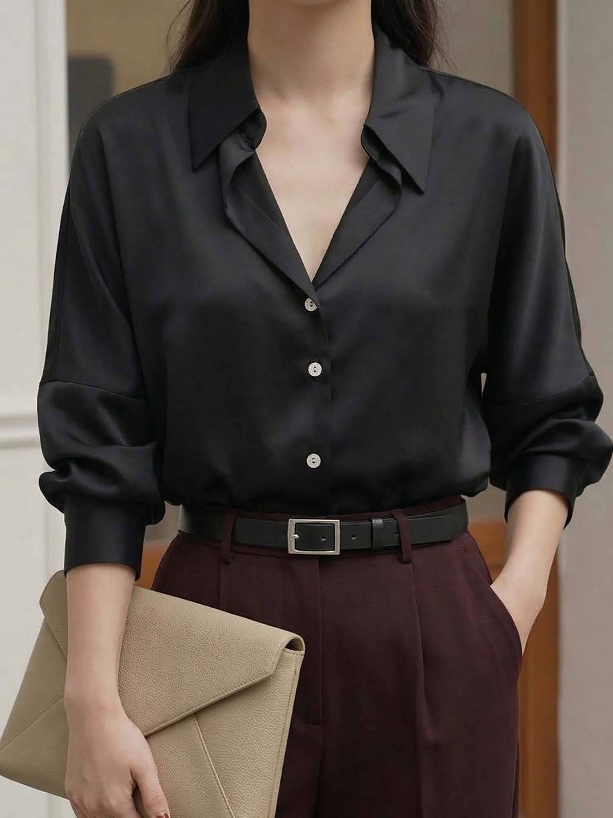 Women's Olive Luxe Satin Button-Down Shirt | S67 - view 16