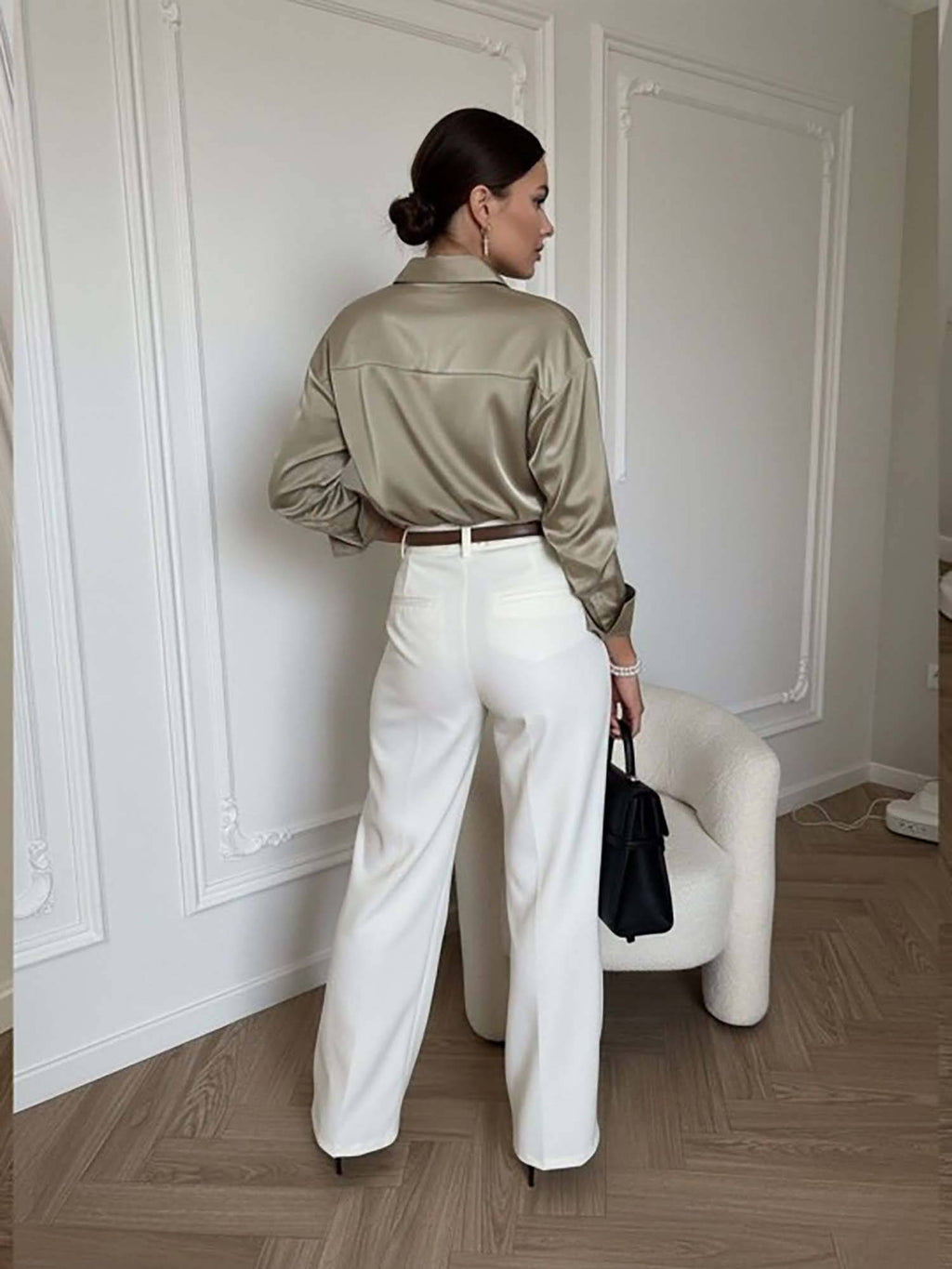Women's Olive Luxe Satin Button-Down Shirt | S67 - view 2