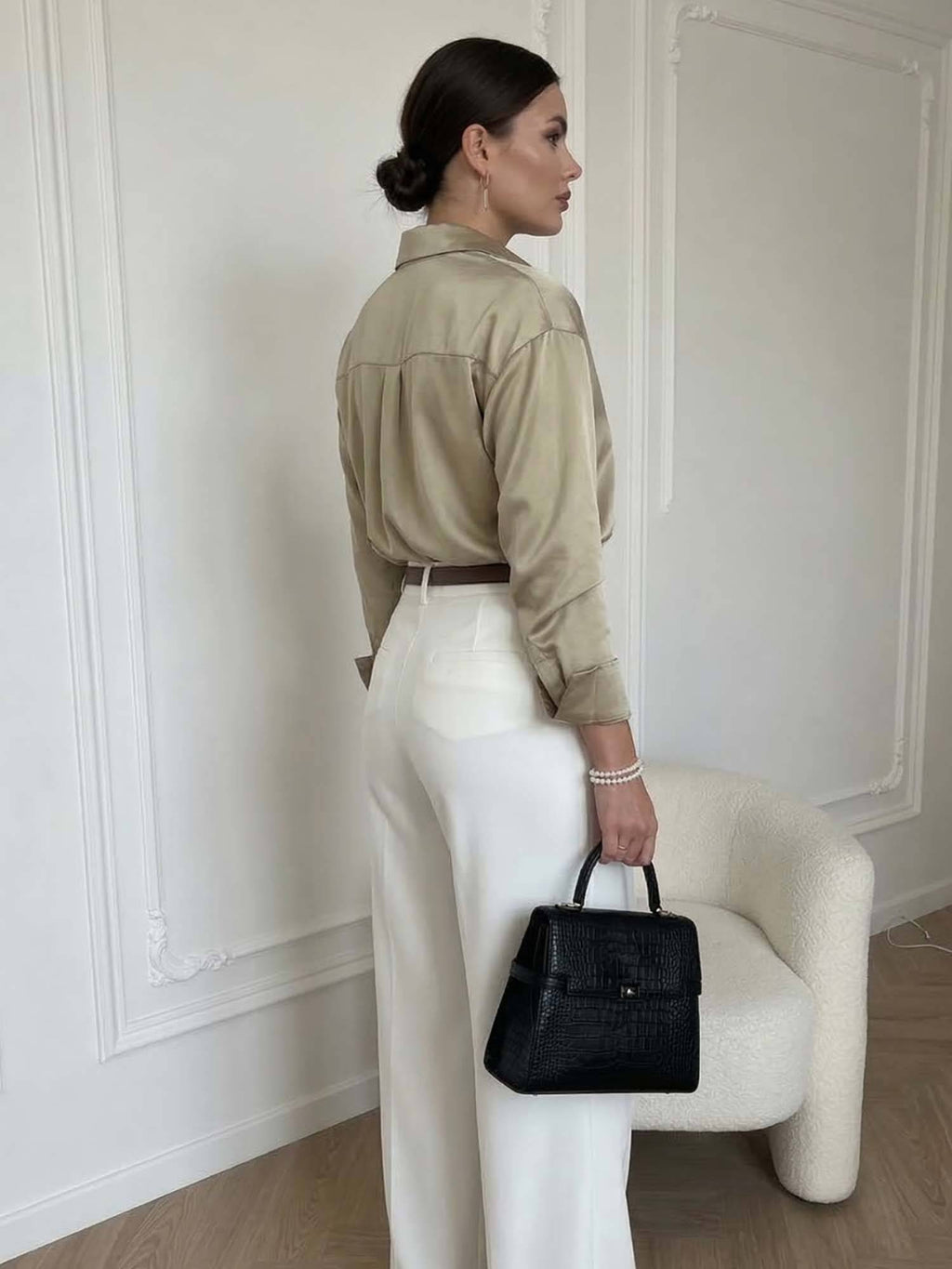 Women's Olive Luxe Satin Button-Down Shirt | S67 - view 3