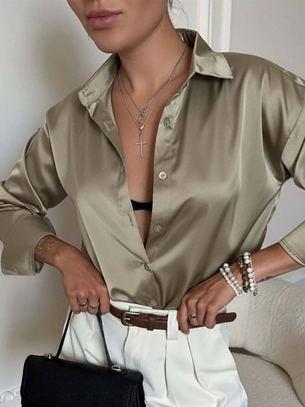Women's Olive Luxe Satin Button-Down Shirt | S67 - view 4