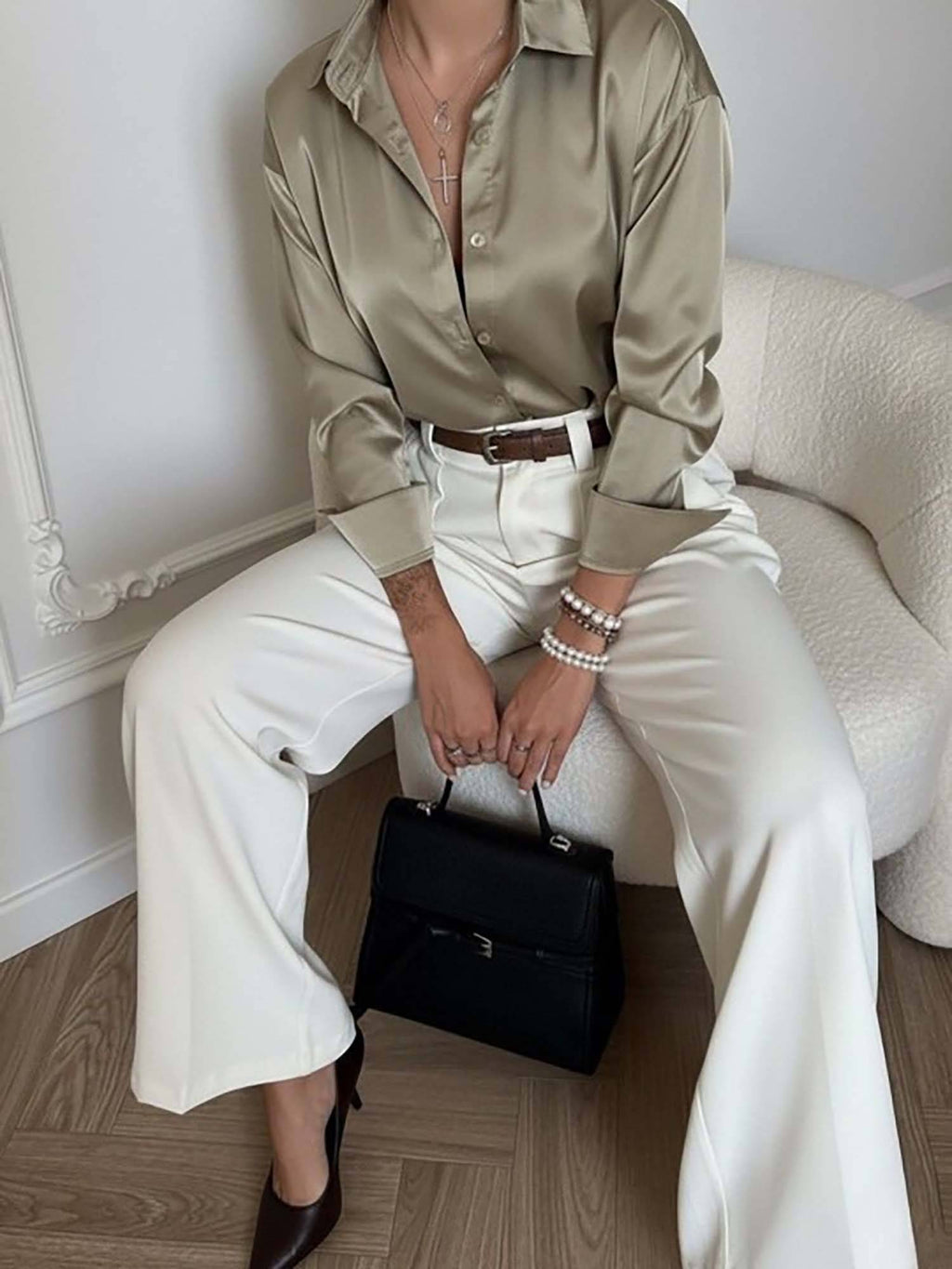 Women's Olive Luxe Satin Button-Down Shirt | S67 - view 5