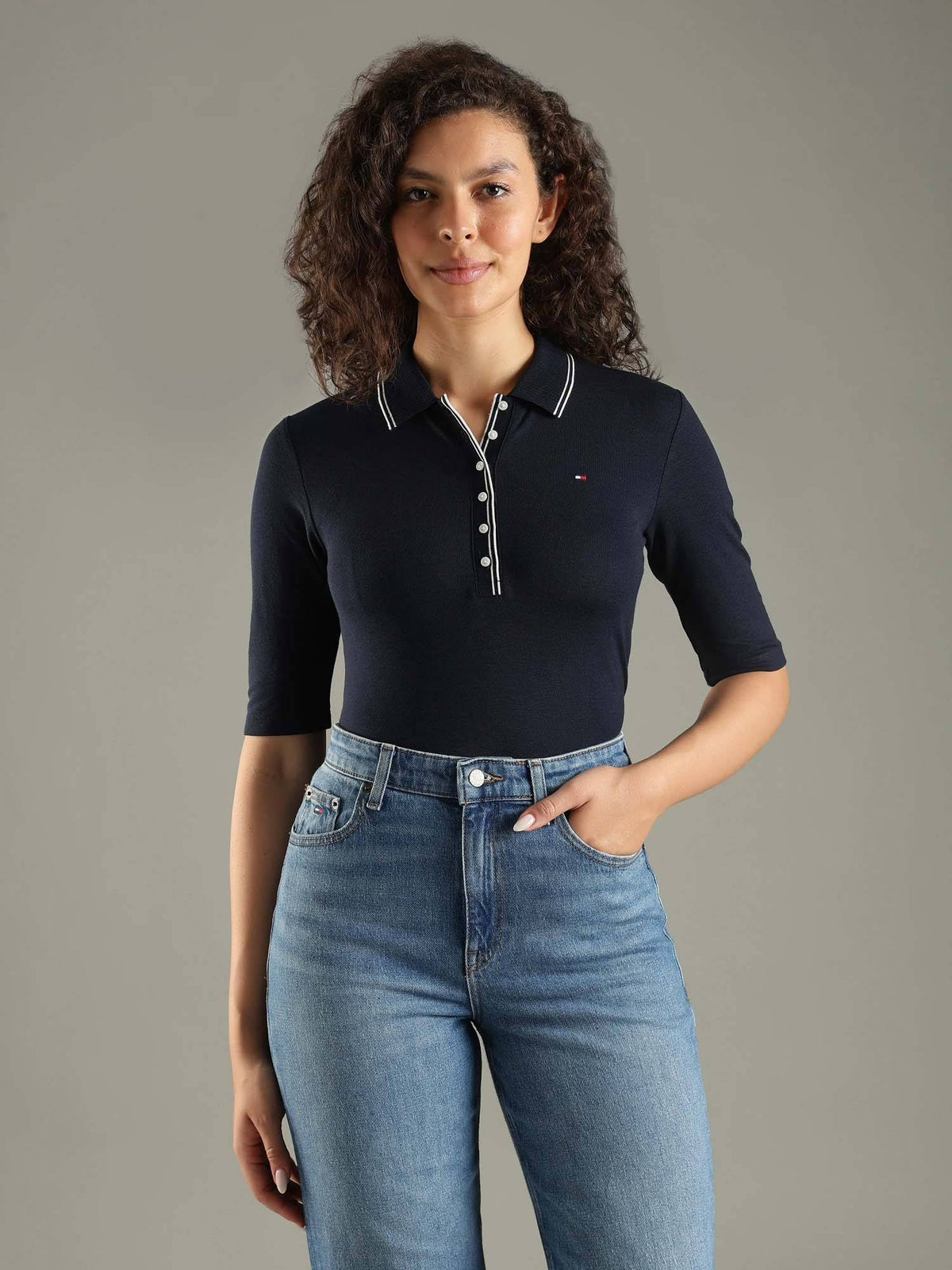 Solid Navy Blue Slim Fit Lyocell Polo T-Shirt | PW43 - view 1