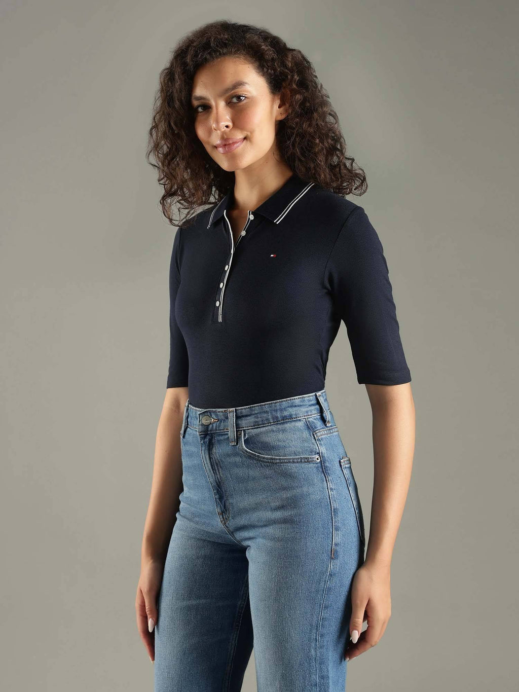 Solid Navy Blue Slim Fit Lyocell Polo T-Shirt | PW43 - view 2