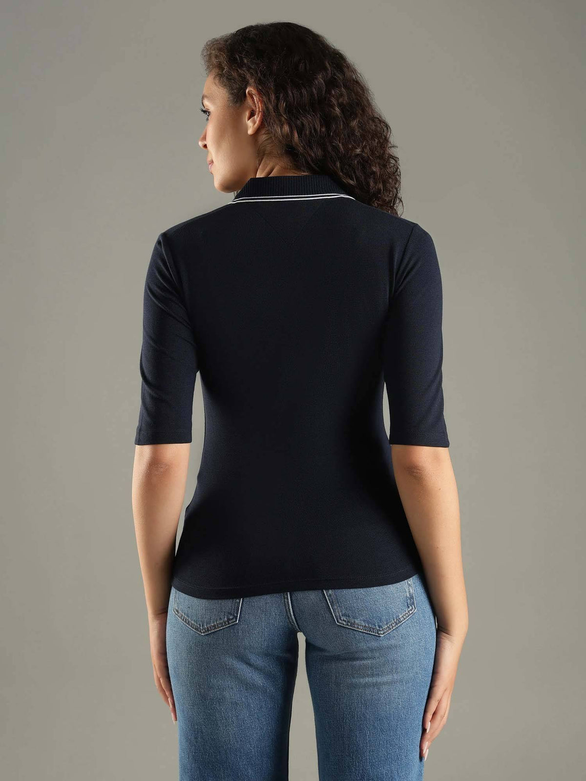 Solid Navy Blue Slim Fit Lyocell Polo T-Shirt | PW43 - view 3