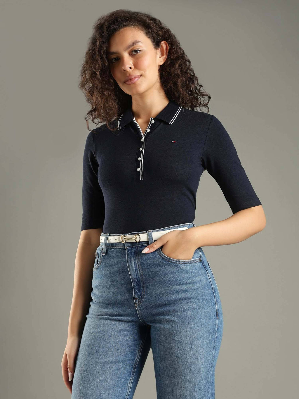 Solid Navy Blue Slim Fit Lyocell Polo T-Shirt | PW43 - view 5