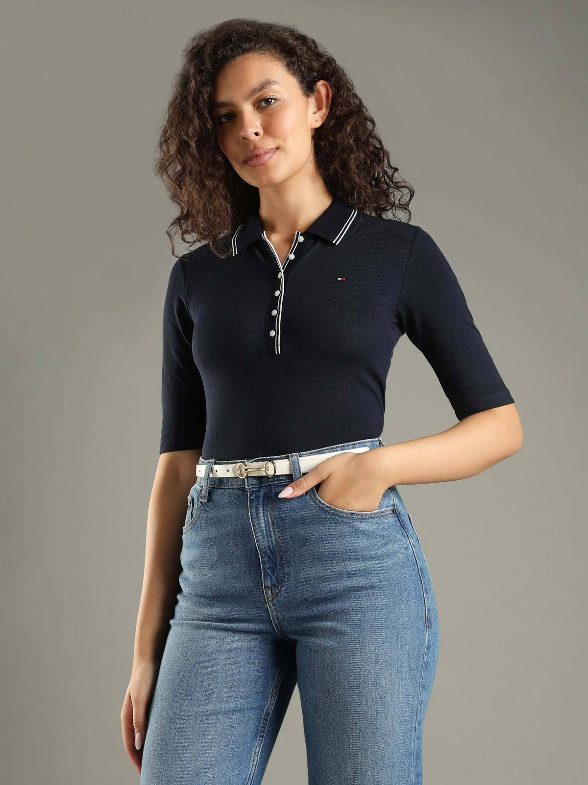 Solid Navy Blue Slim Fit Lyocell Polo T-Shirt | PW43 - view 5