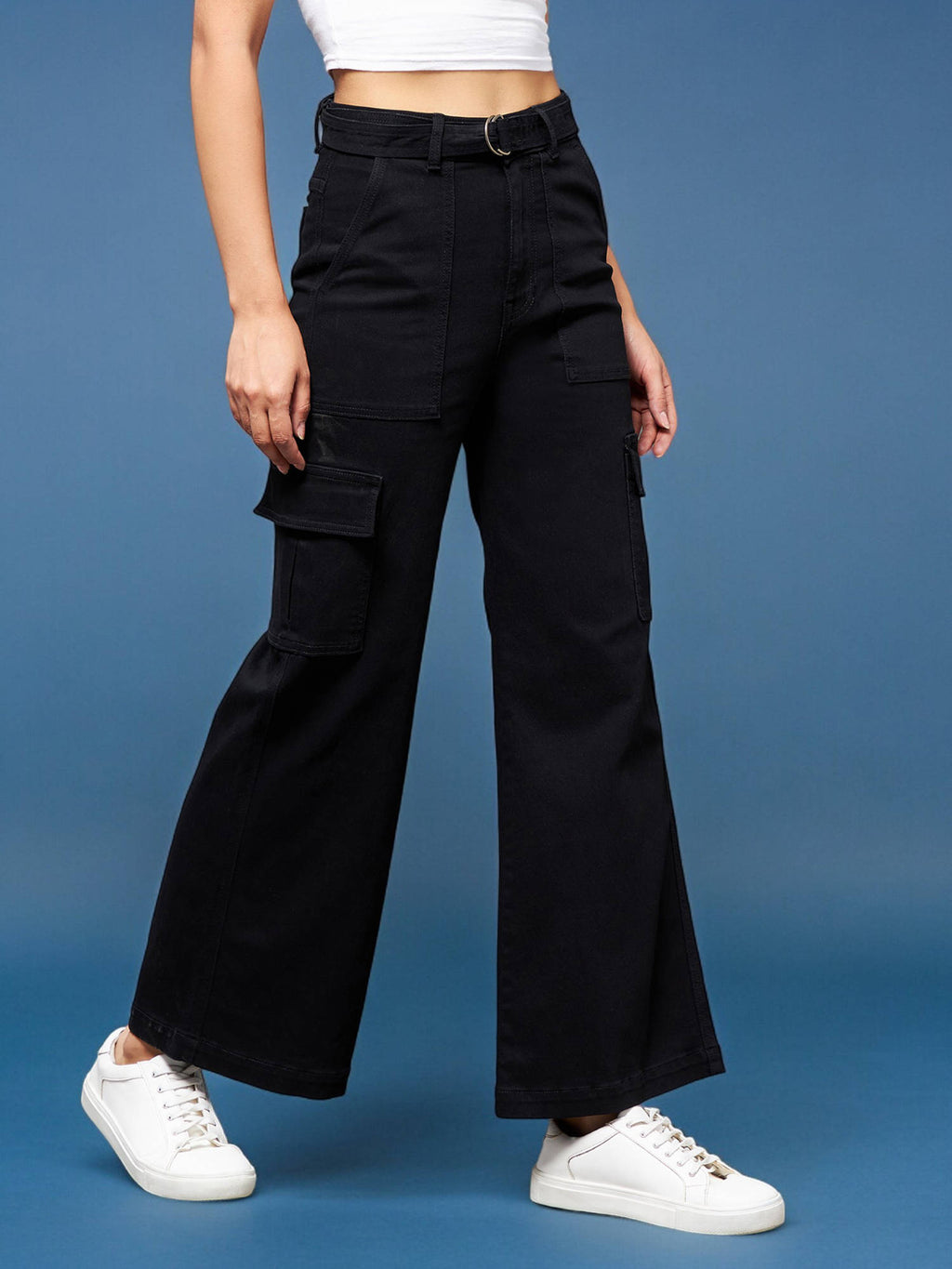 Womens Black Wide Leg High Rise Regular Stretchable Denim Jeans | RF89 - view 4