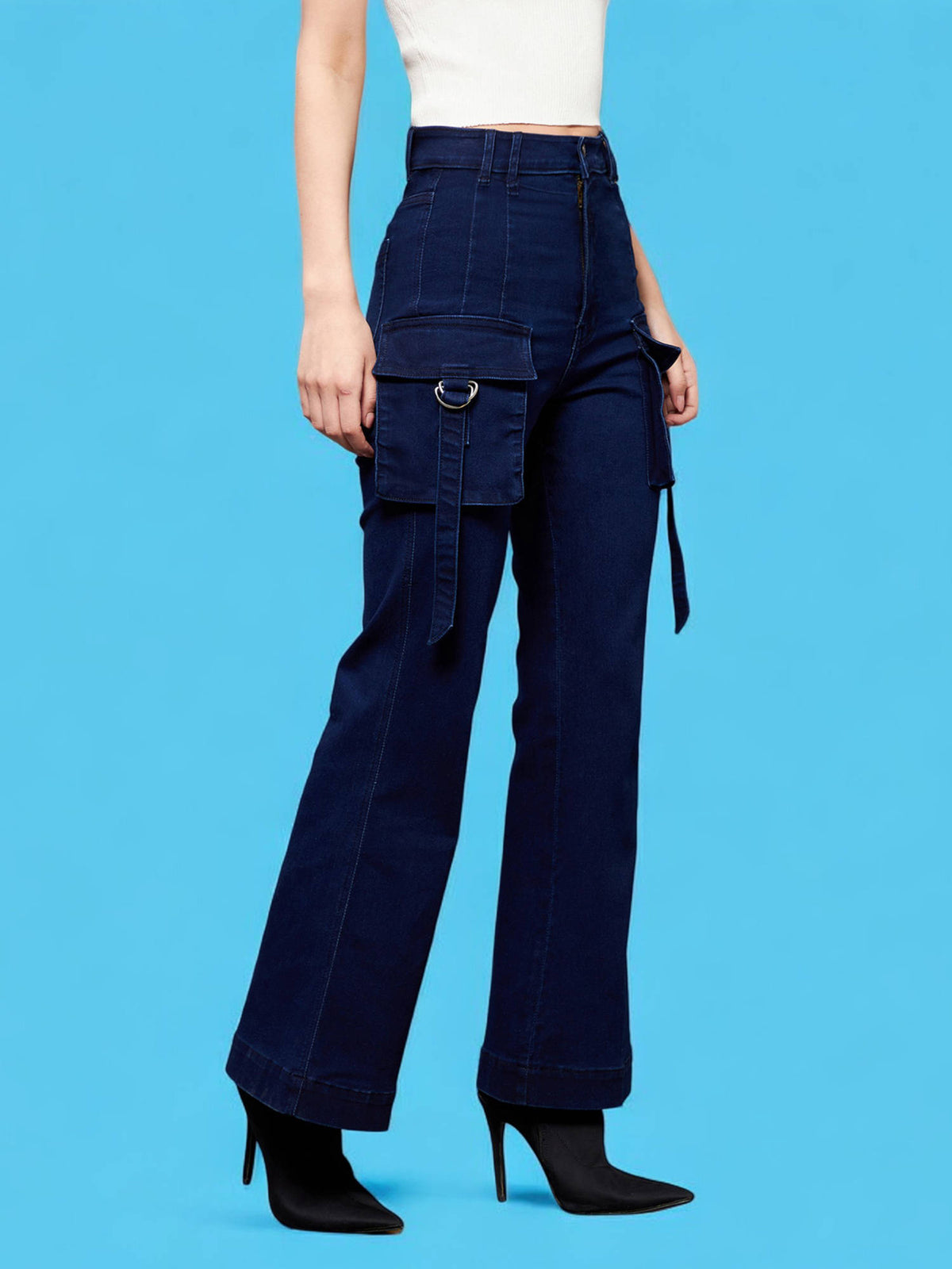 Womens Navy Blue Bootcut High Rise Stretchable Denim Jeans | RF89 - view 3