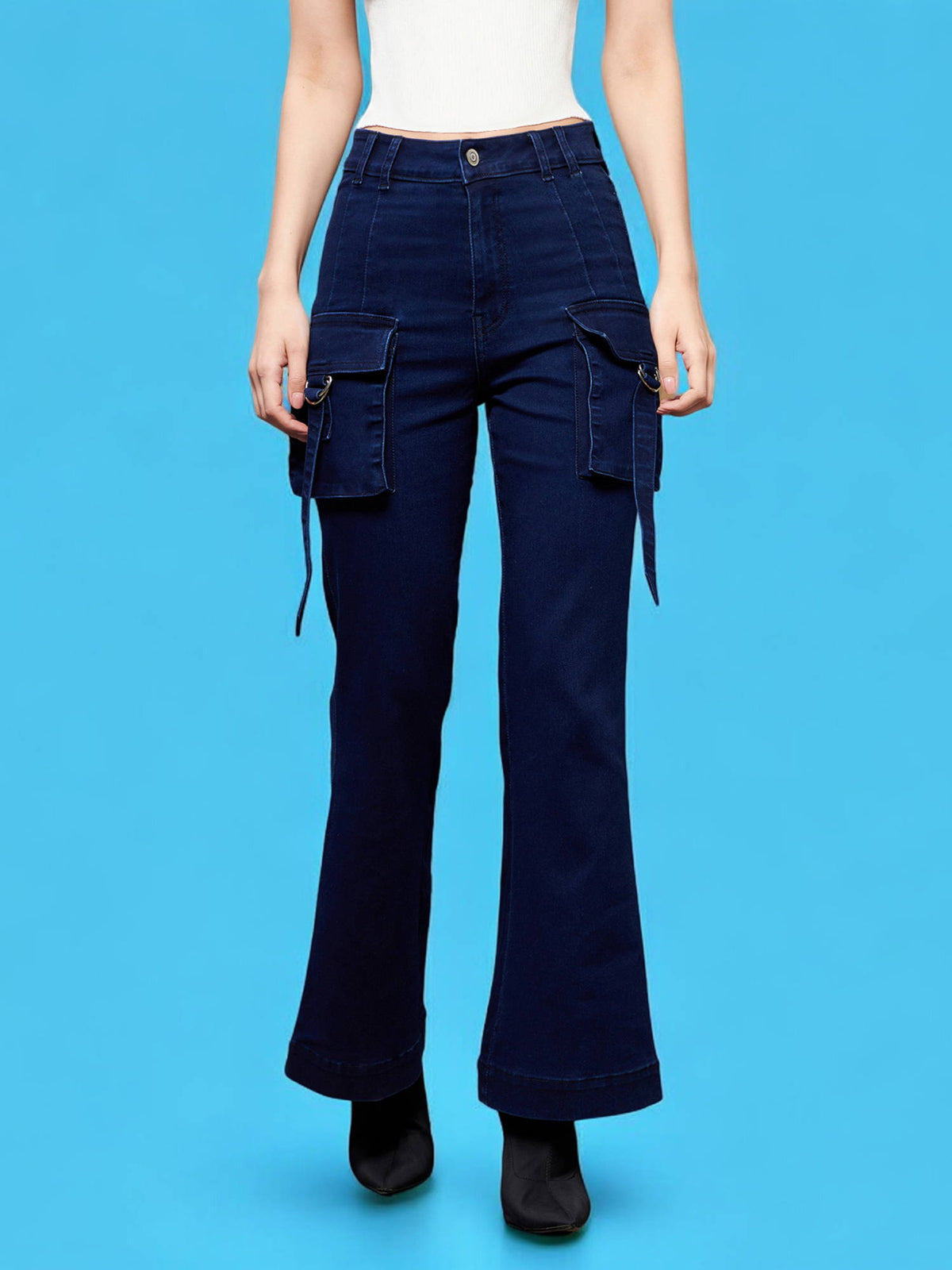 Womens Navy Blue Bootcut High Rise Stretchable Denim Jeans | RF89 - view 4