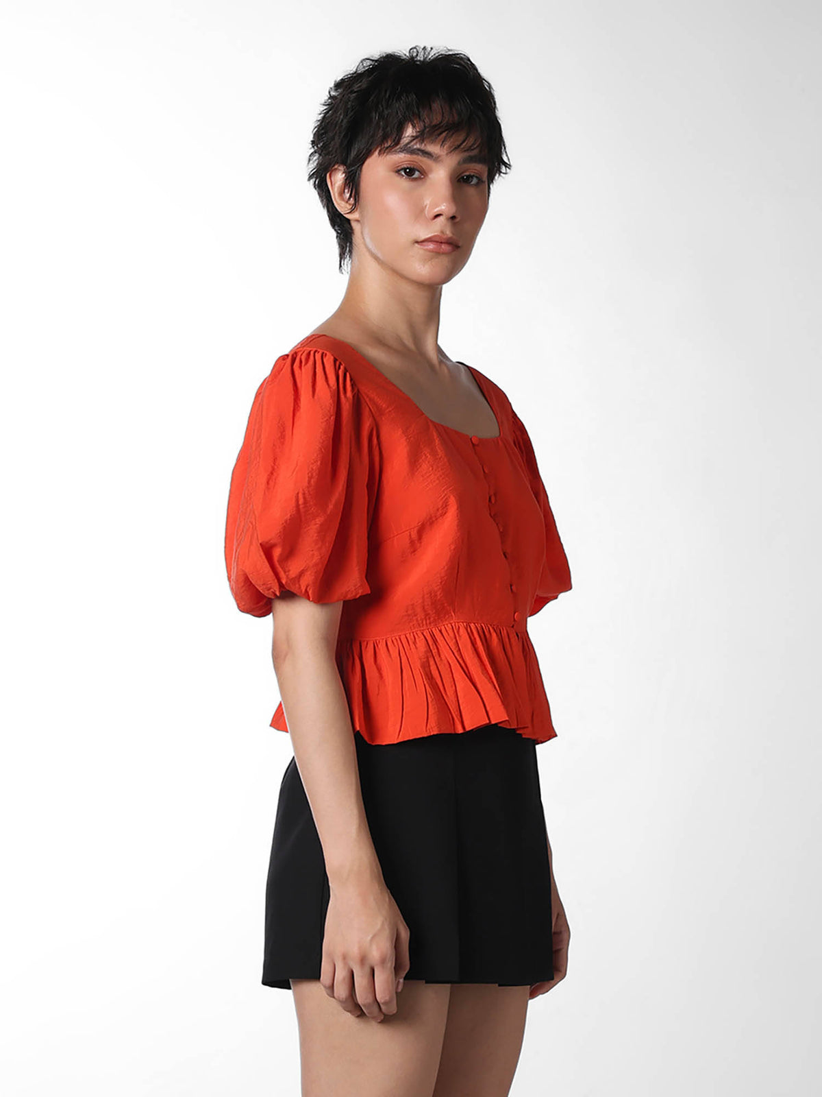 Women's Solid Peplum Orange Top | pt51 - view 5