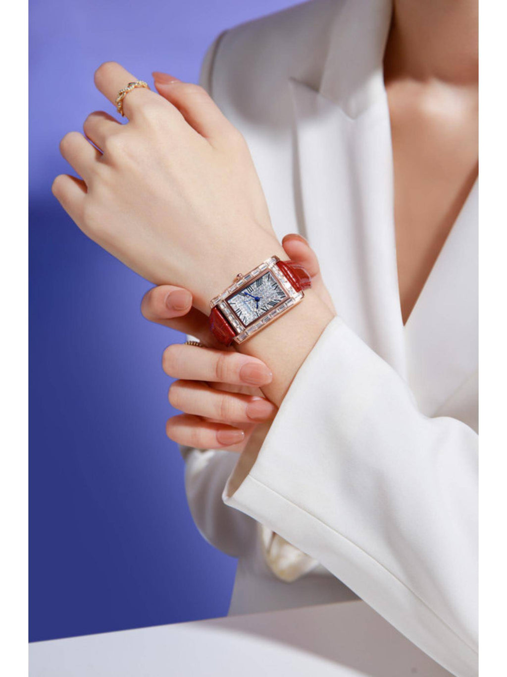 Rectangular Dress Watch for women with Crystal Bezel - White | W92 - view 2