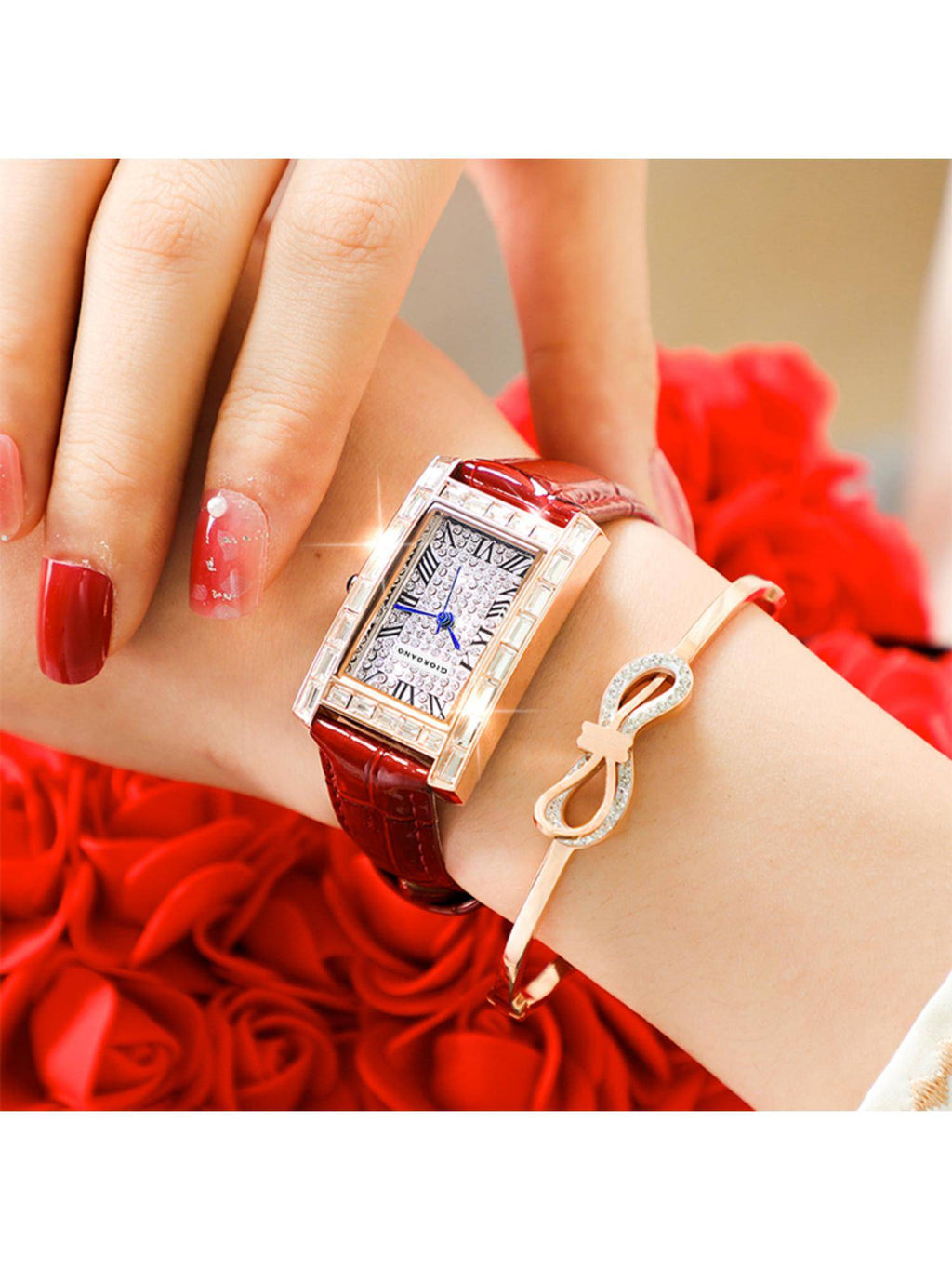Rectangular Dress Watch for women with Crystal Bezel - White | W92 - view 5