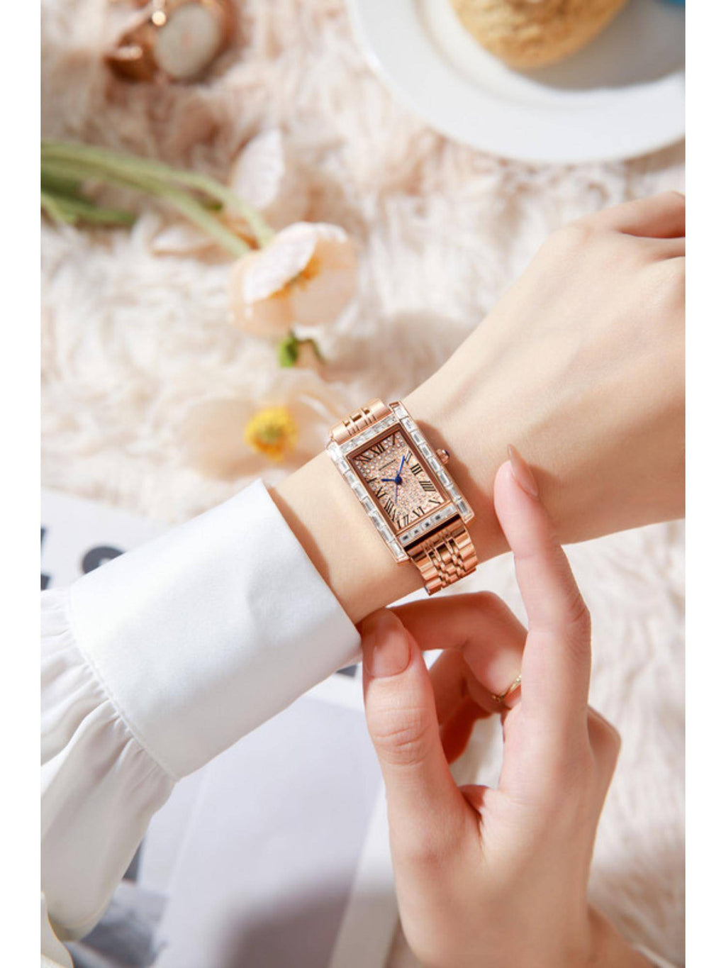 Rectangular Dress Watch for women with Crystal Bezel - White | W92 - view 8
