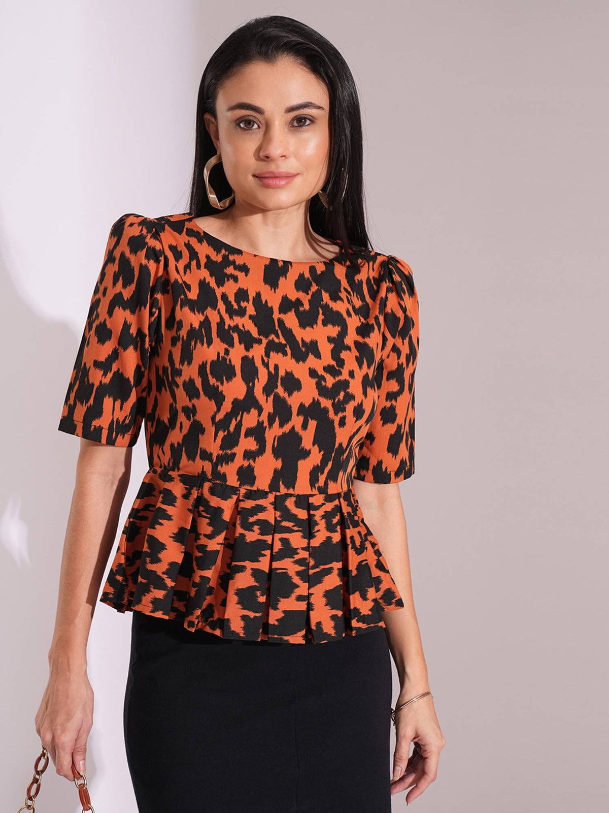 Women Brown Boat Neck Puff Sleeves Animal Print Workwear Peplum Top | pt51 - view 11