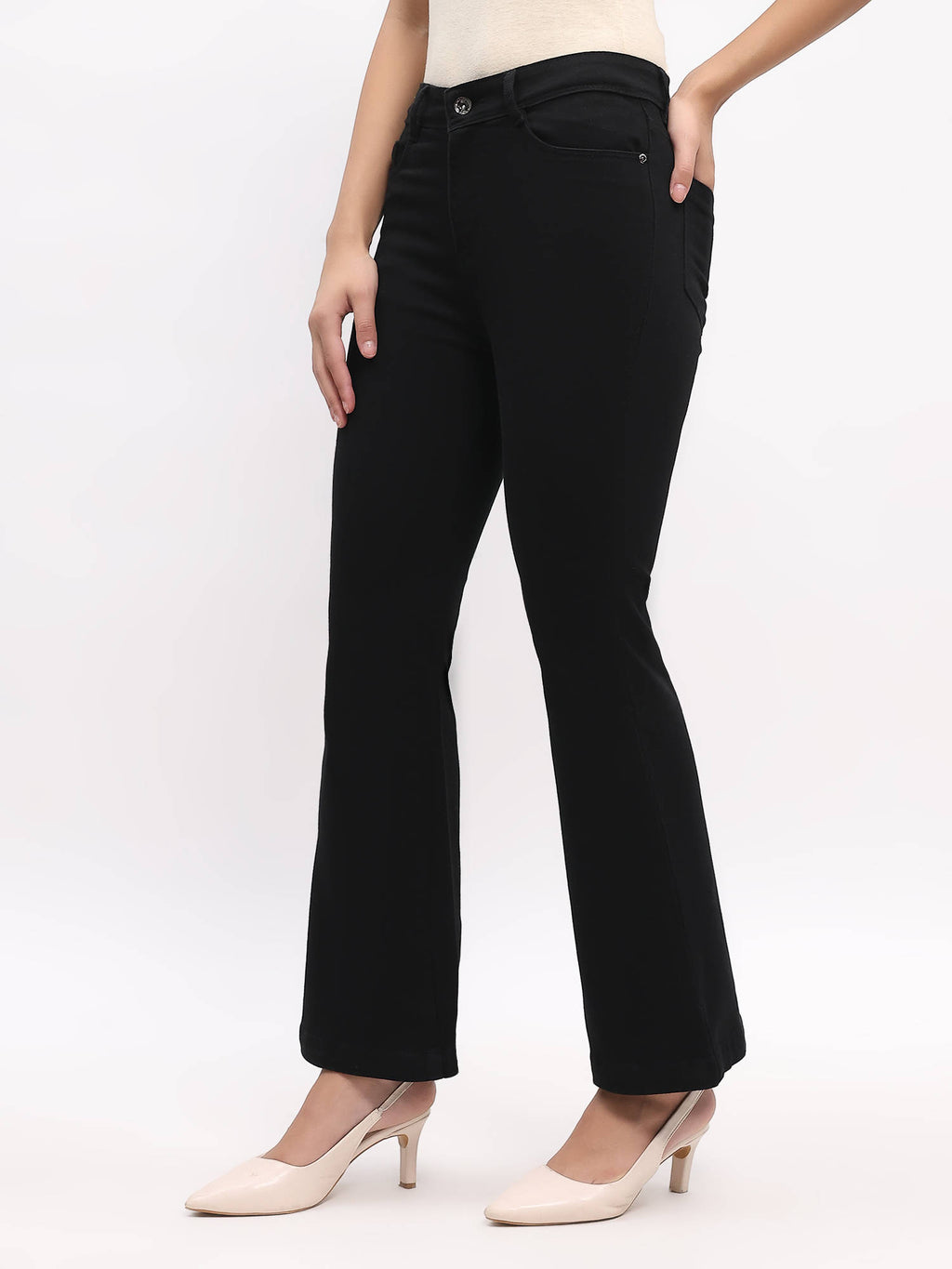 Cotton Blend Solid Boot Cut Slim Fit Full Length Black Jeans | BT10 - view 2