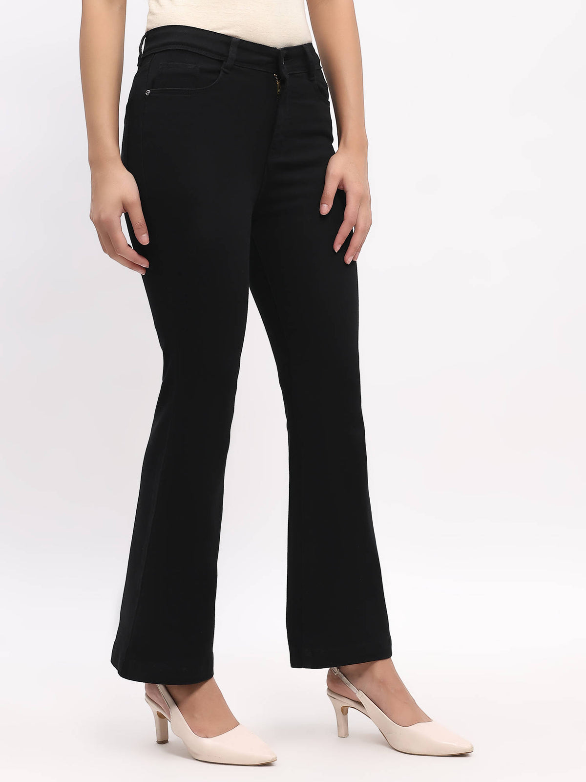 Cotton Blend Solid Boot Cut Slim Fit Full Length Black Jeans | BT10 - view 3