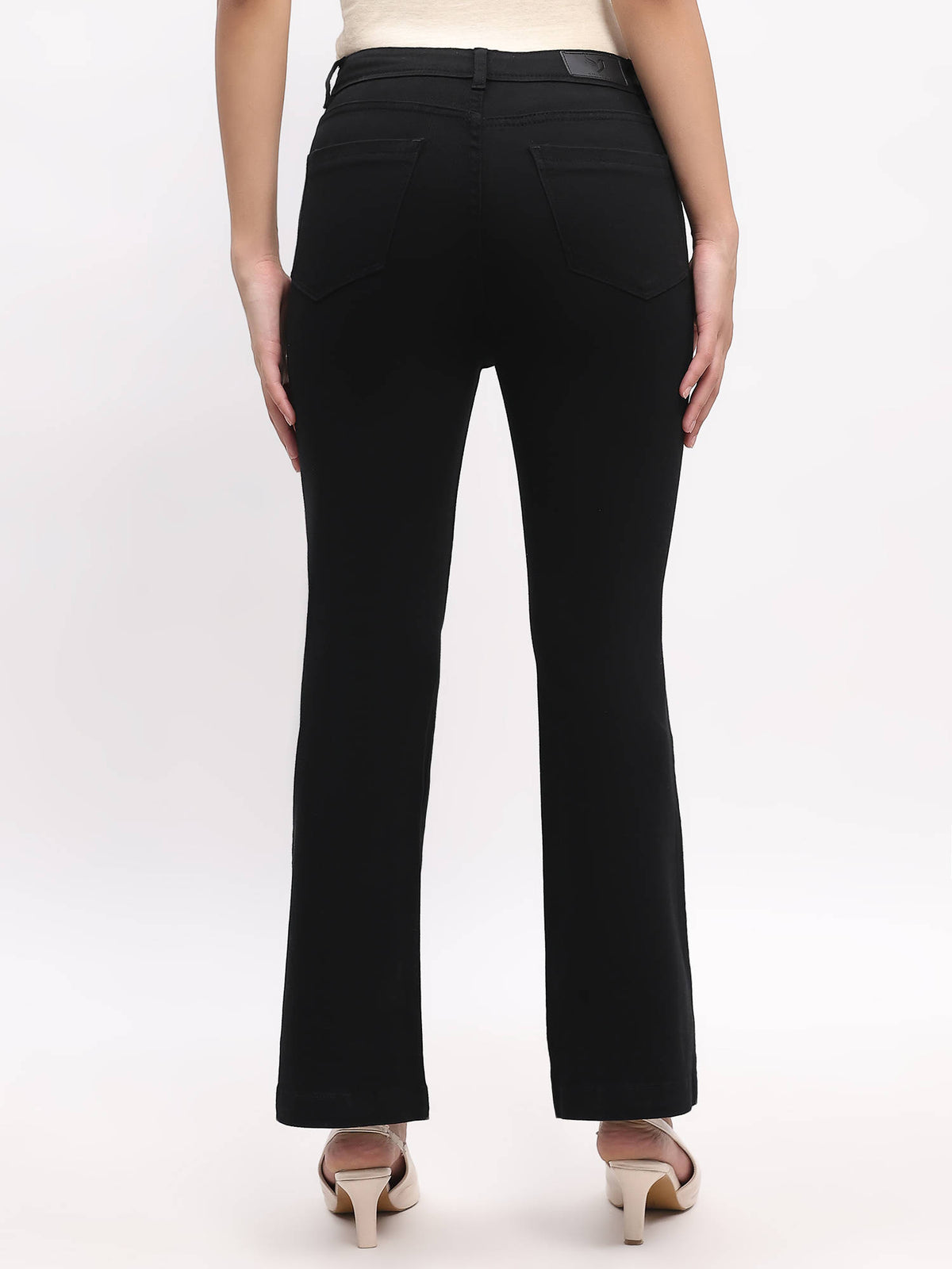 Cotton Blend Solid Boot Cut Slim Fit Full Length Black Jeans | BT10 - view 4