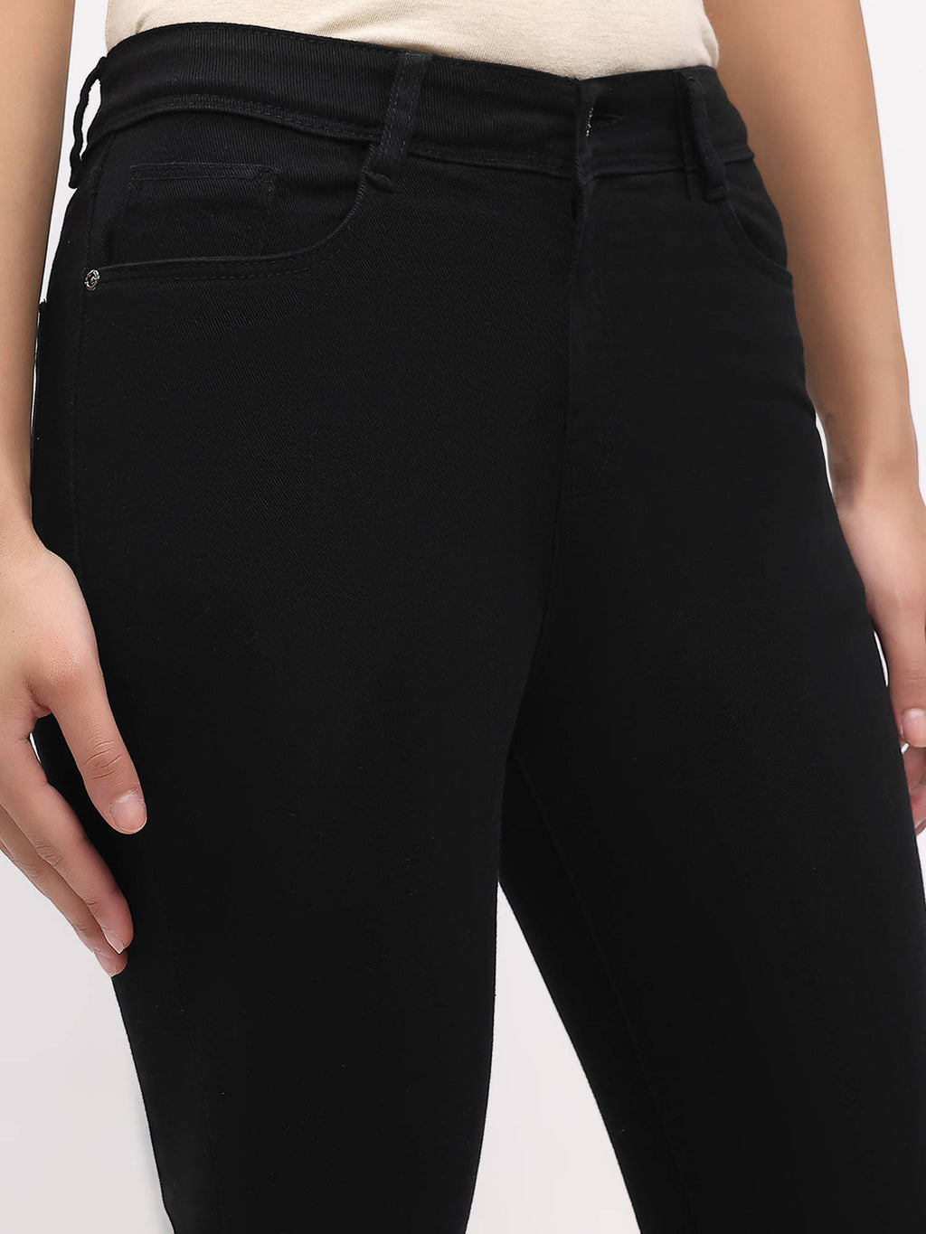 Cotton Blend Solid Boot Cut Slim Fit Full Length Black Jeans | BT10 - view 5
