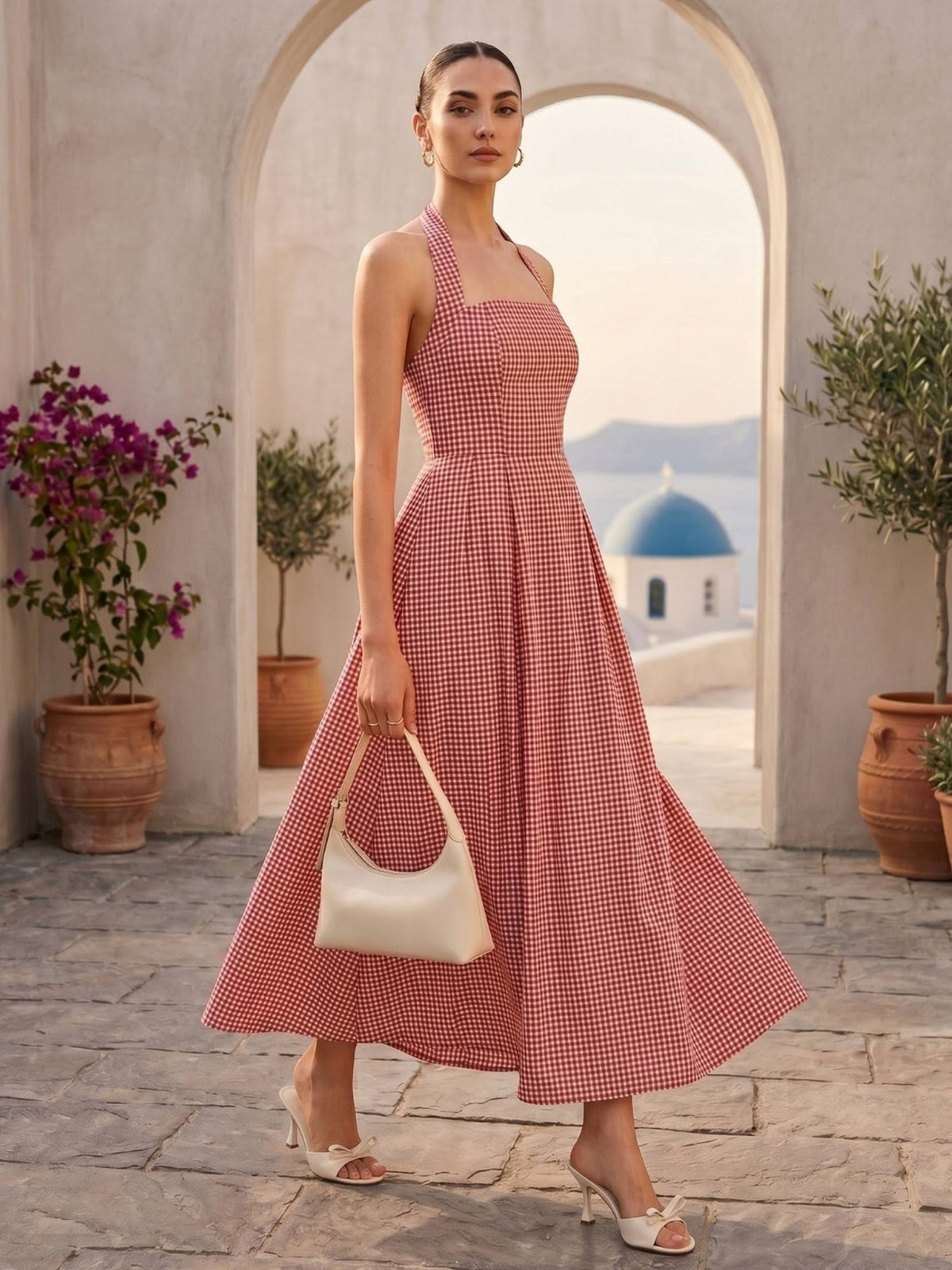 Women Red Checks Halter Neck Dress | D56 - view 1