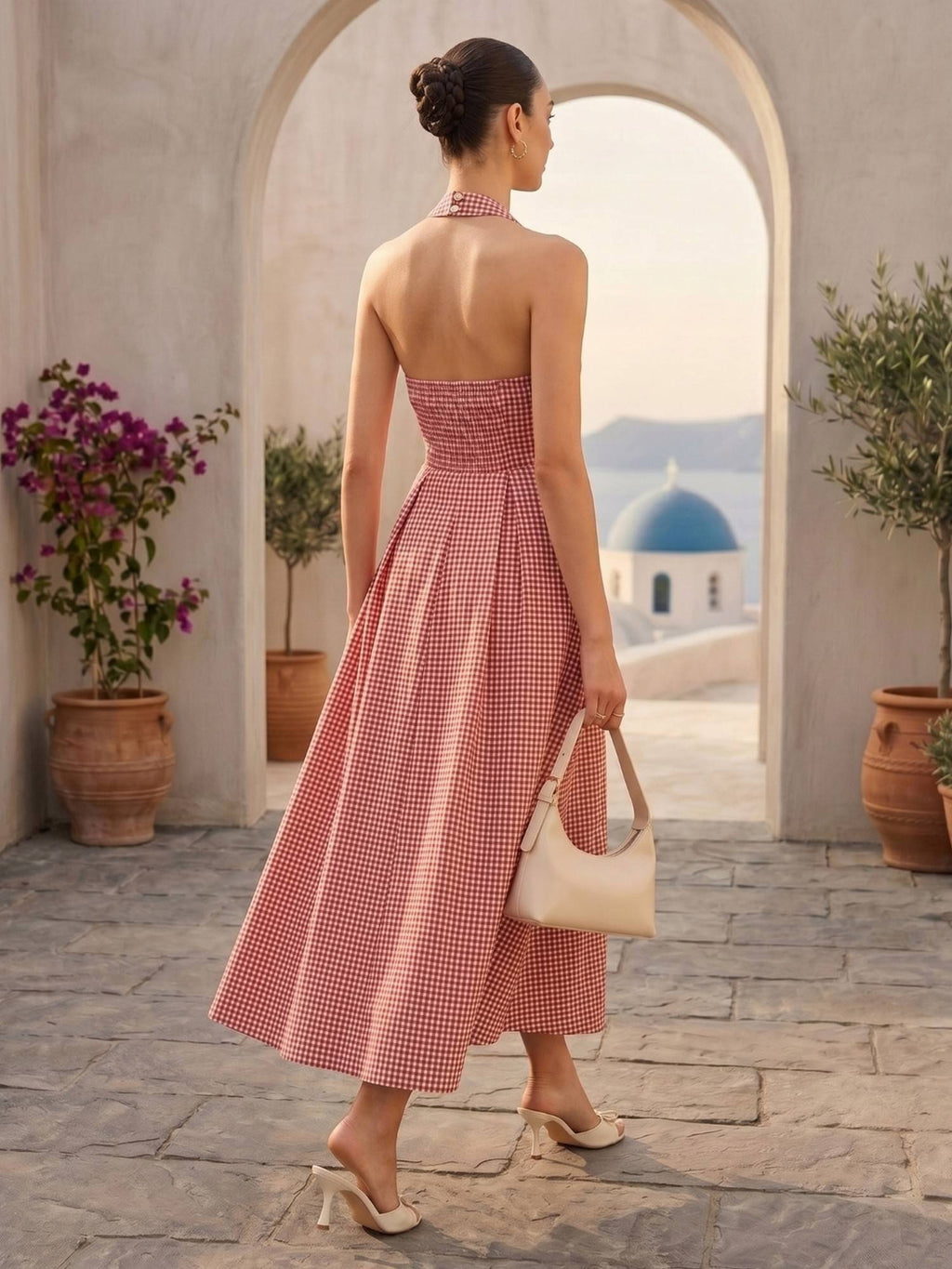 Women Red Checks Halter Neck Dress | D56 - view 2