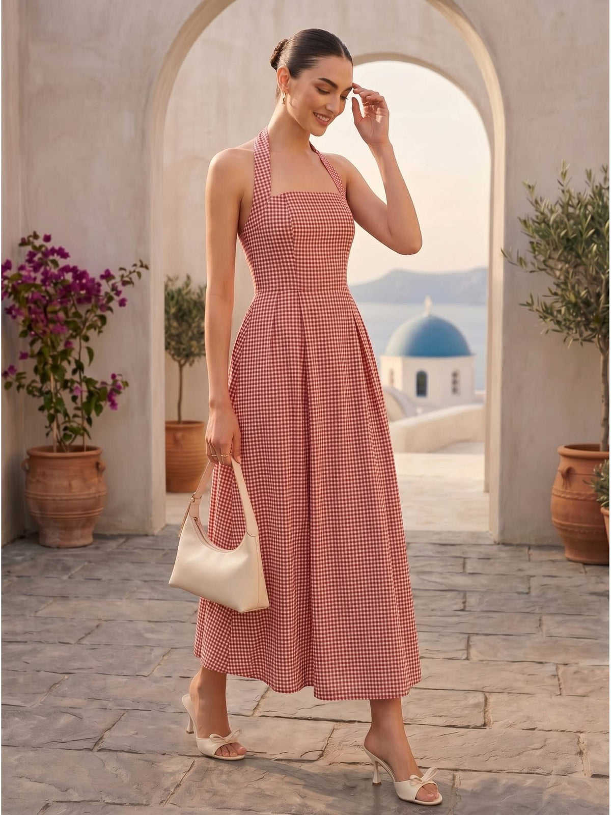 Women Red Checks Halter Neck Dress | D56 - view 3