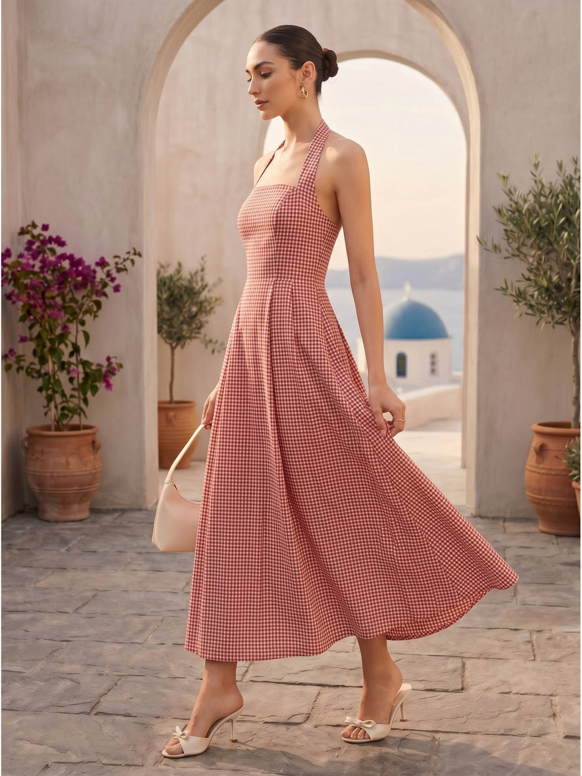 Women Red Checks Halter Neck Dress | D56 - view 4