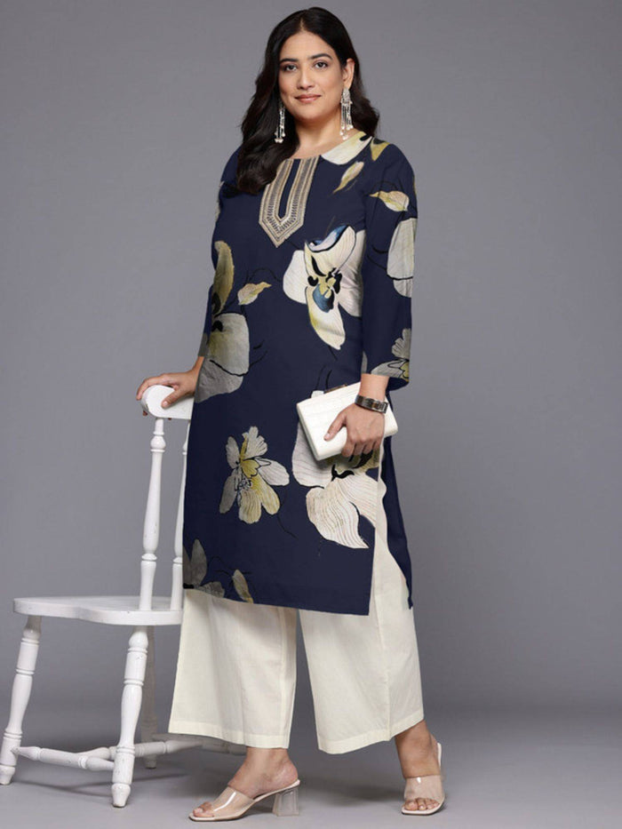 Blue Women Floral Printed Sequinned Floral Georgette Kurta | U3S - view 1