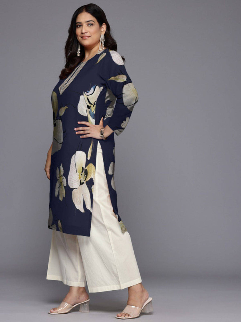 Blue Women Floral Printed Sequinned Floral Georgette Kurta | FY93 - view 4