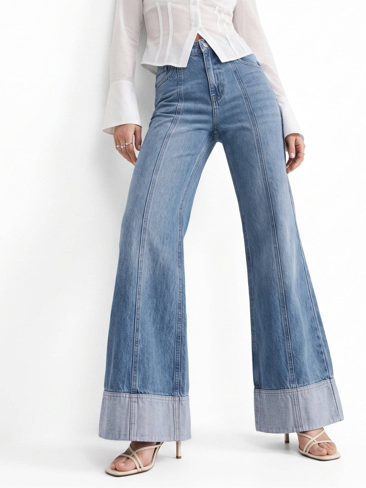 Blue Folded Hem Wide Leg Jeans | WL90 - view 1