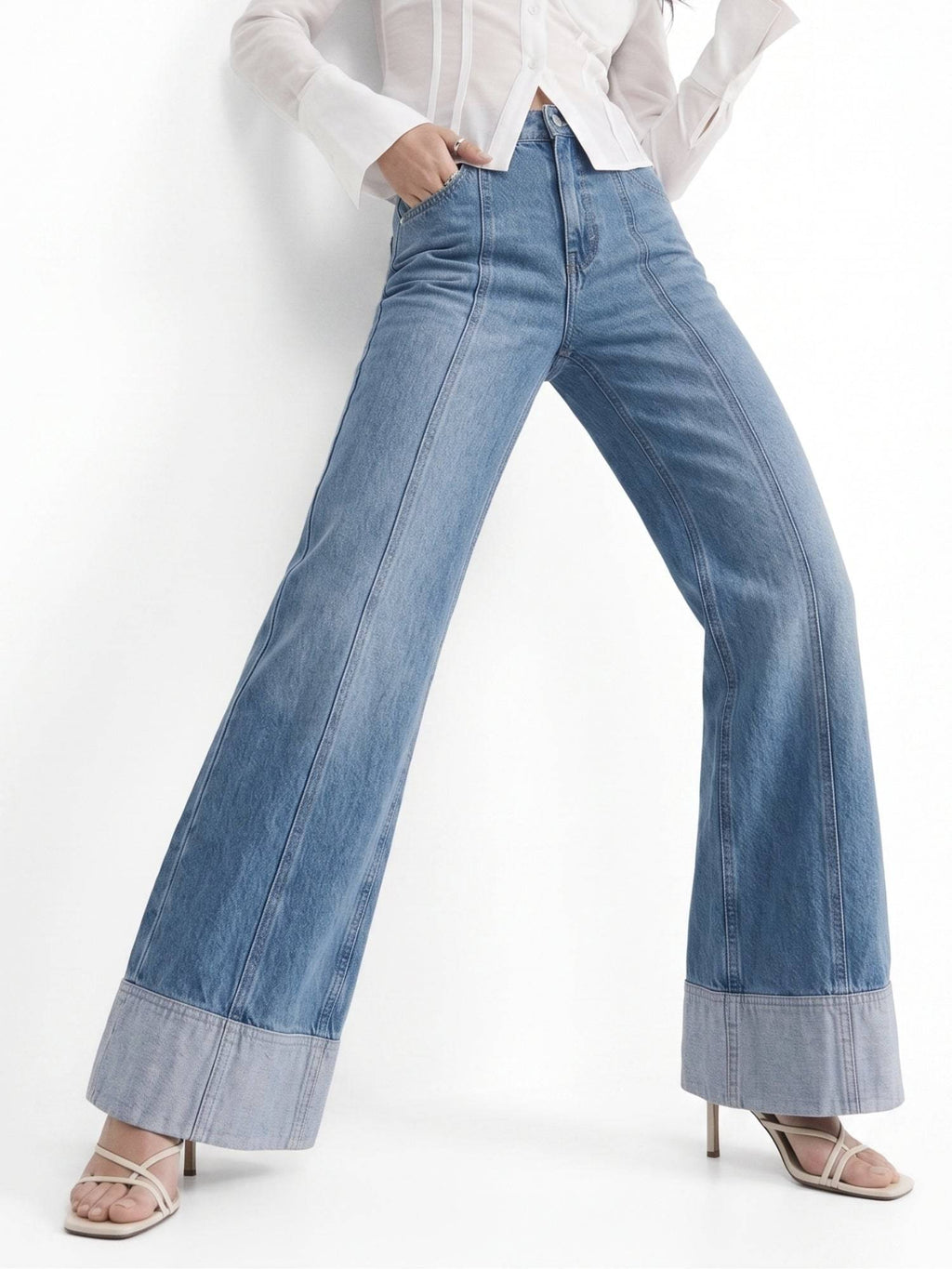 Blue Folded Hem Wide Leg Jeans | WL90 - view 2