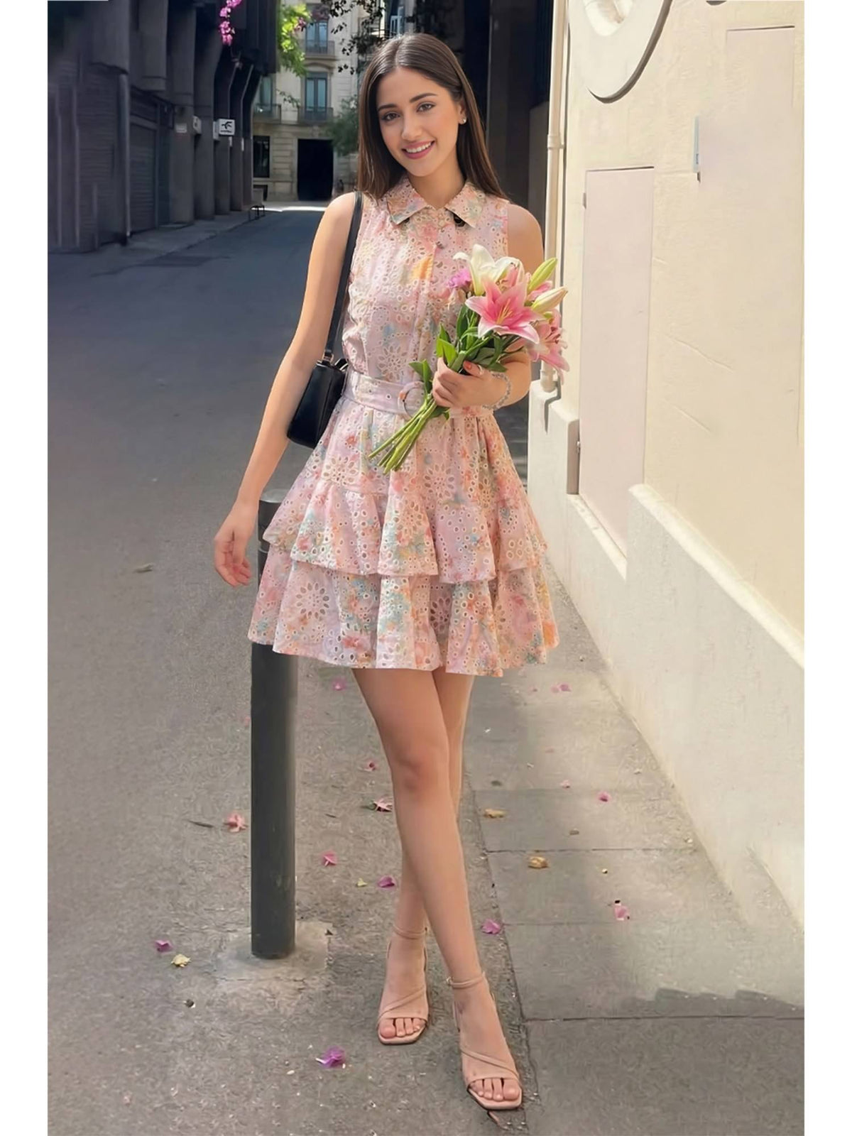 AEOY Pink Schiffli Tiered Mini Dress with Belt | D56 - view 1