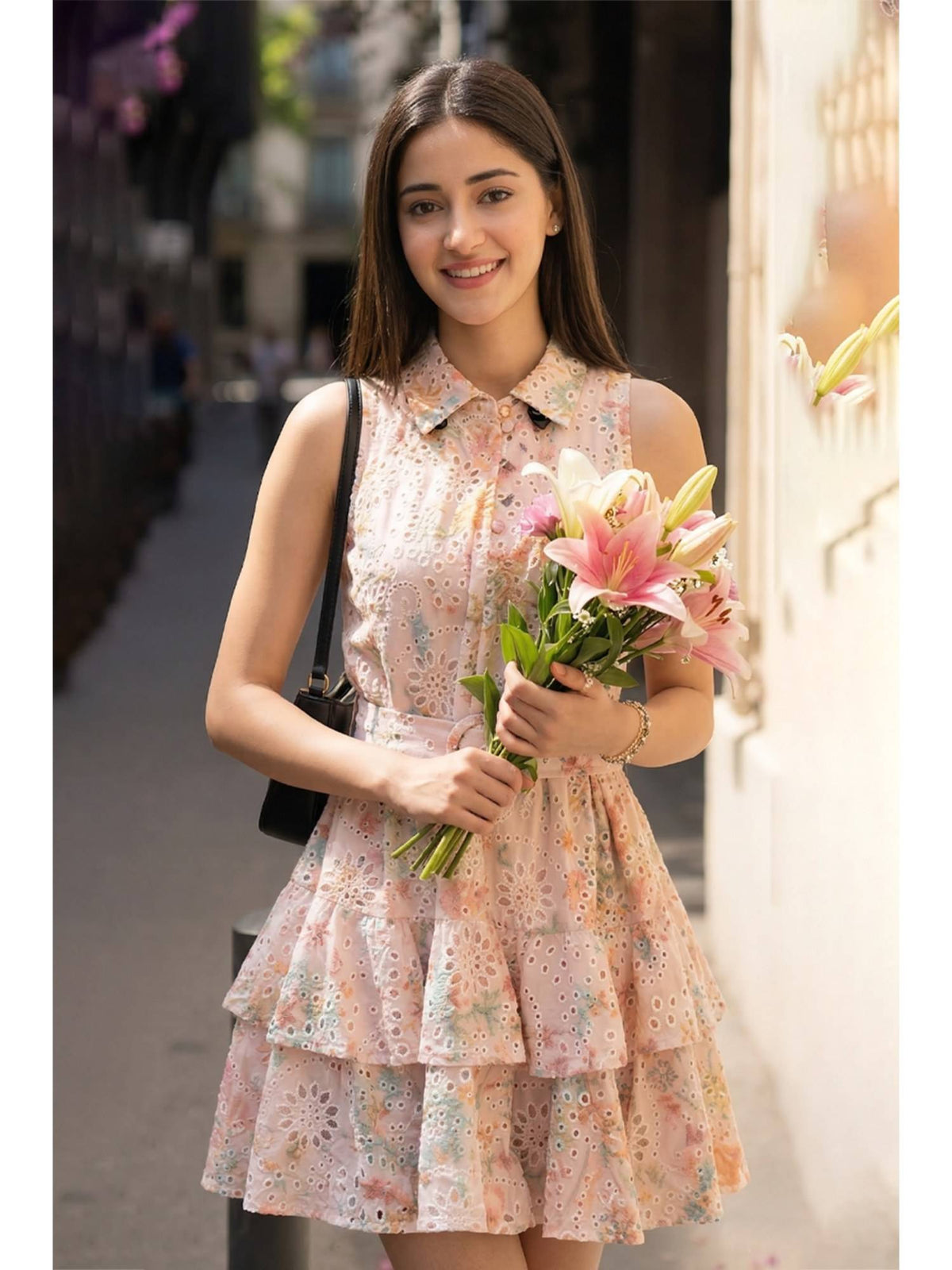 AEOY Pink Schiffli Tiered Mini Dress with Belt | D56 - view 2