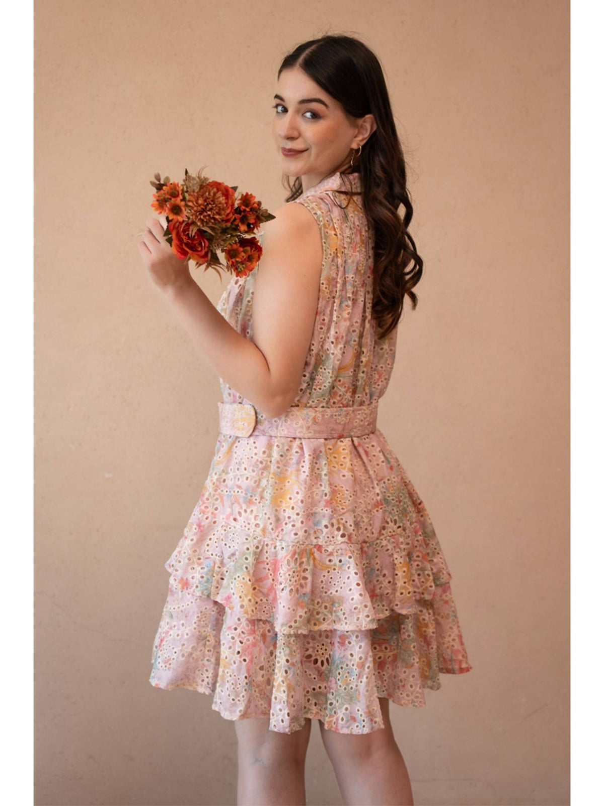 AEOY Pink Schiffli Tiered Mini Dress with Belt | D56 - view 3