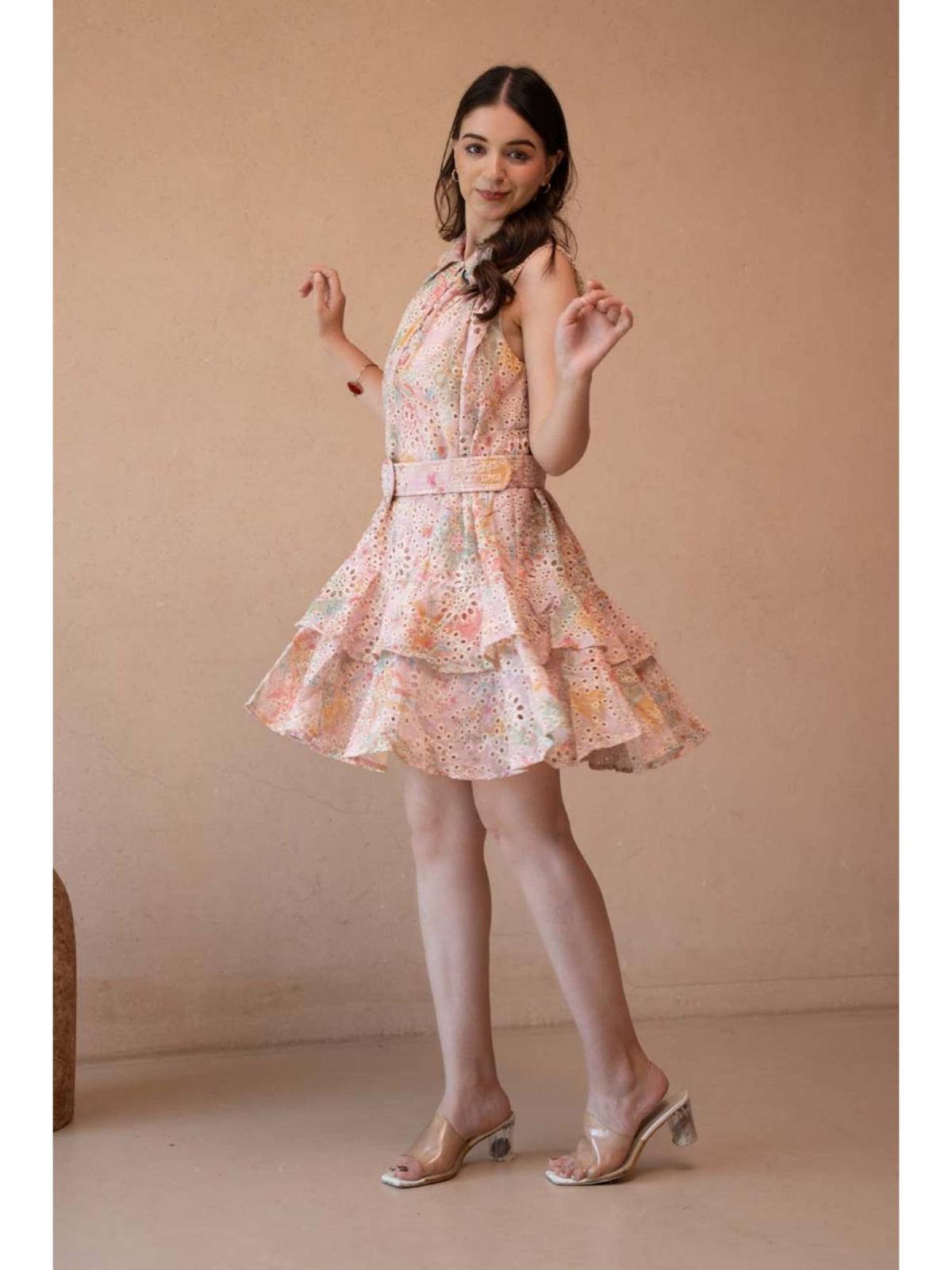 AEOY Pink Schiffli Tiered Mini Dress with Belt | D56 - view 4