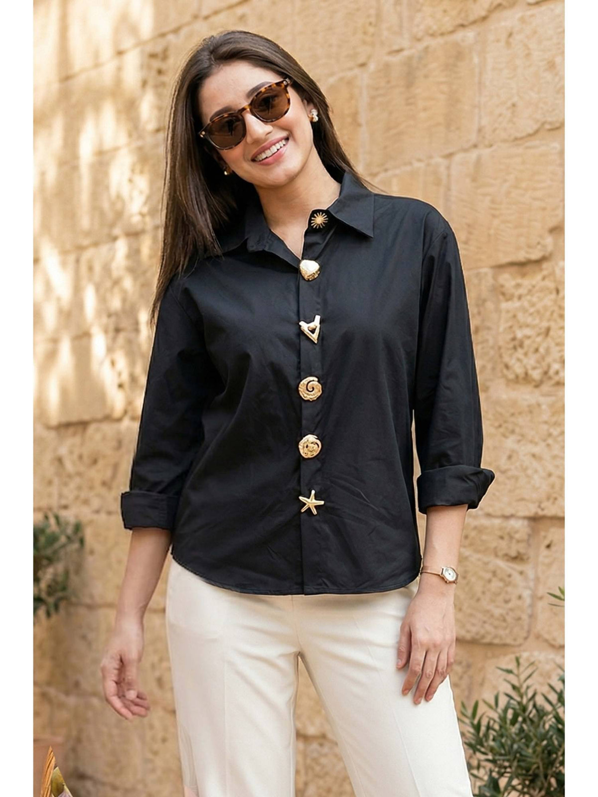 AEOY Black Detailed Cotton Shirt | S67 - view 1