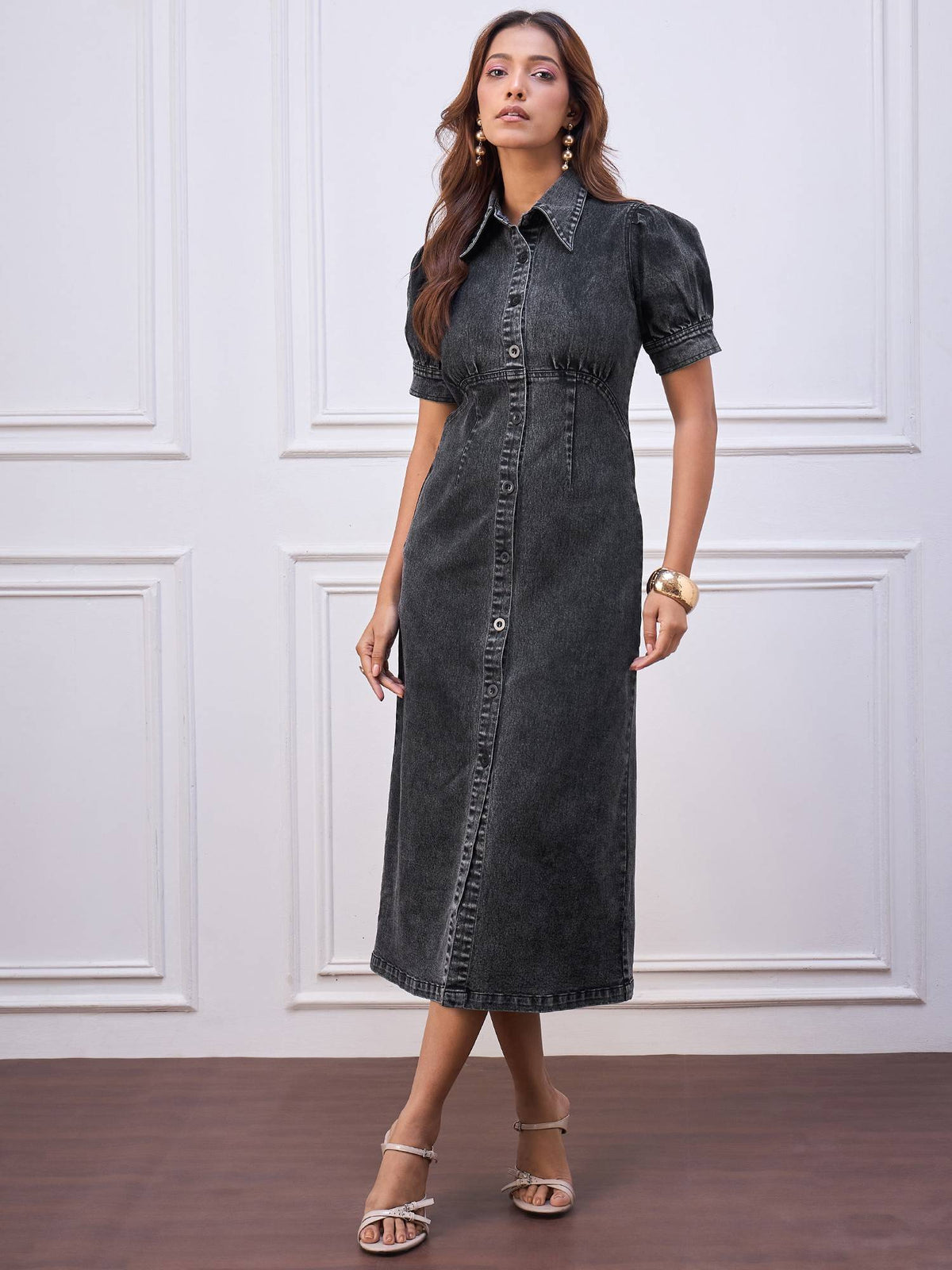 Women's Black Denim Midi Dress | D56 - view 1