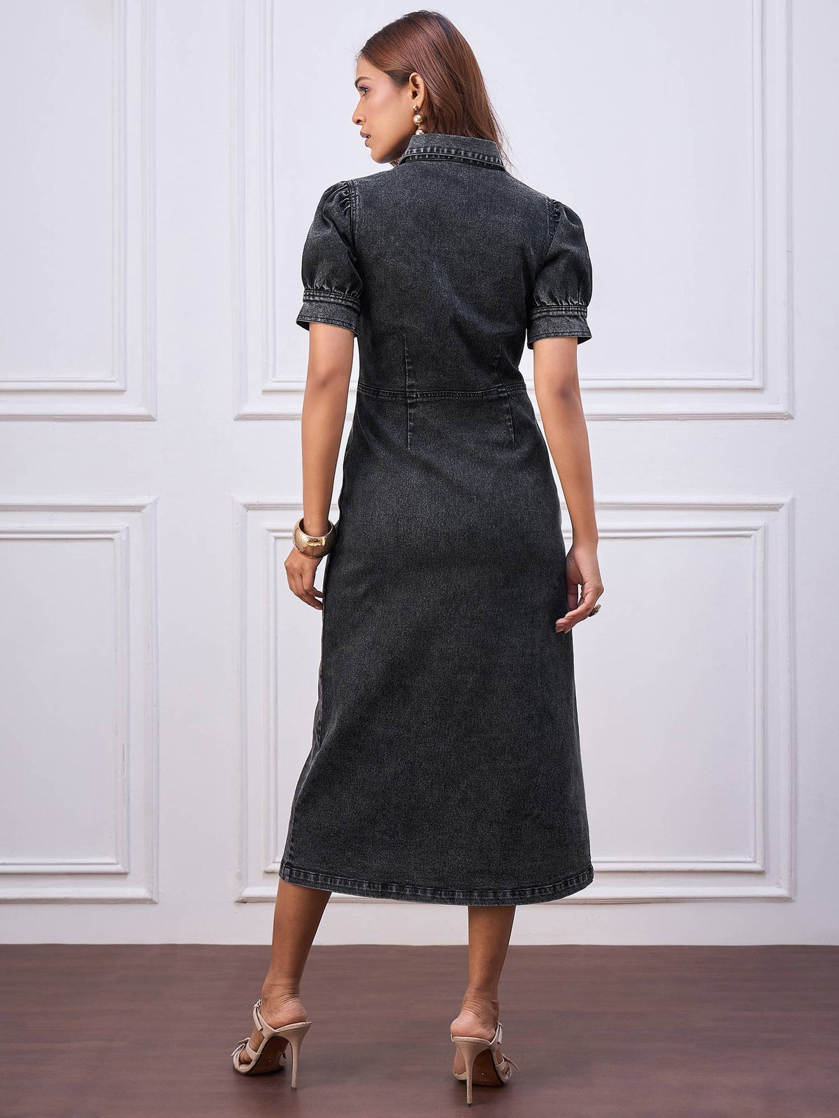 Women's Black Denim Midi Dress | D56 - view 3