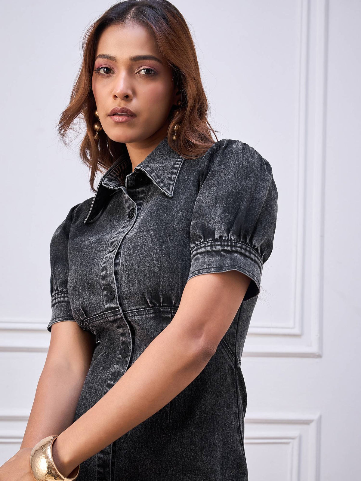 Women's Black Denim Midi Dress | D56 - view 5