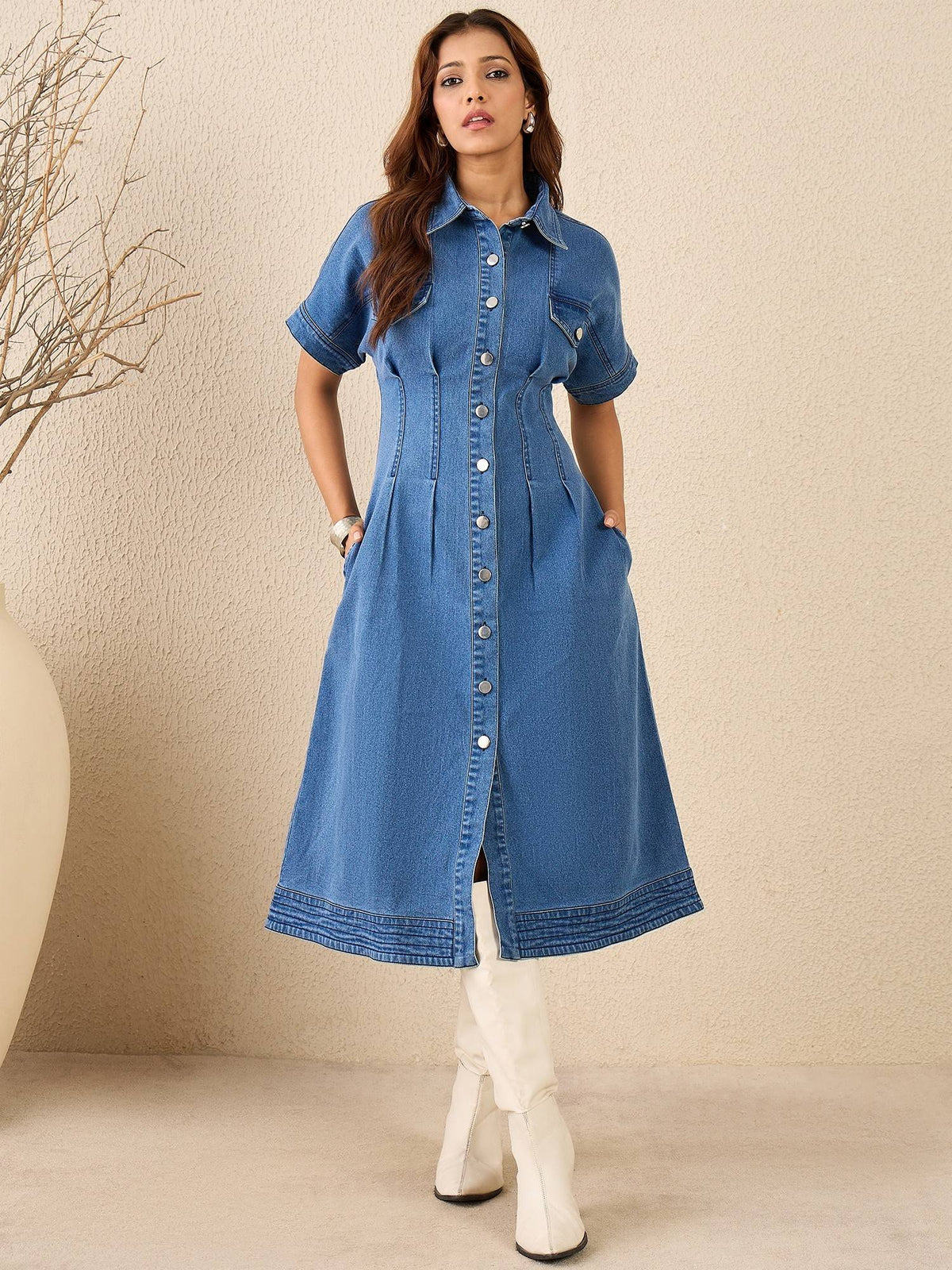 Women's Waist Fitted Denim Midi Dress | D56 - view 1