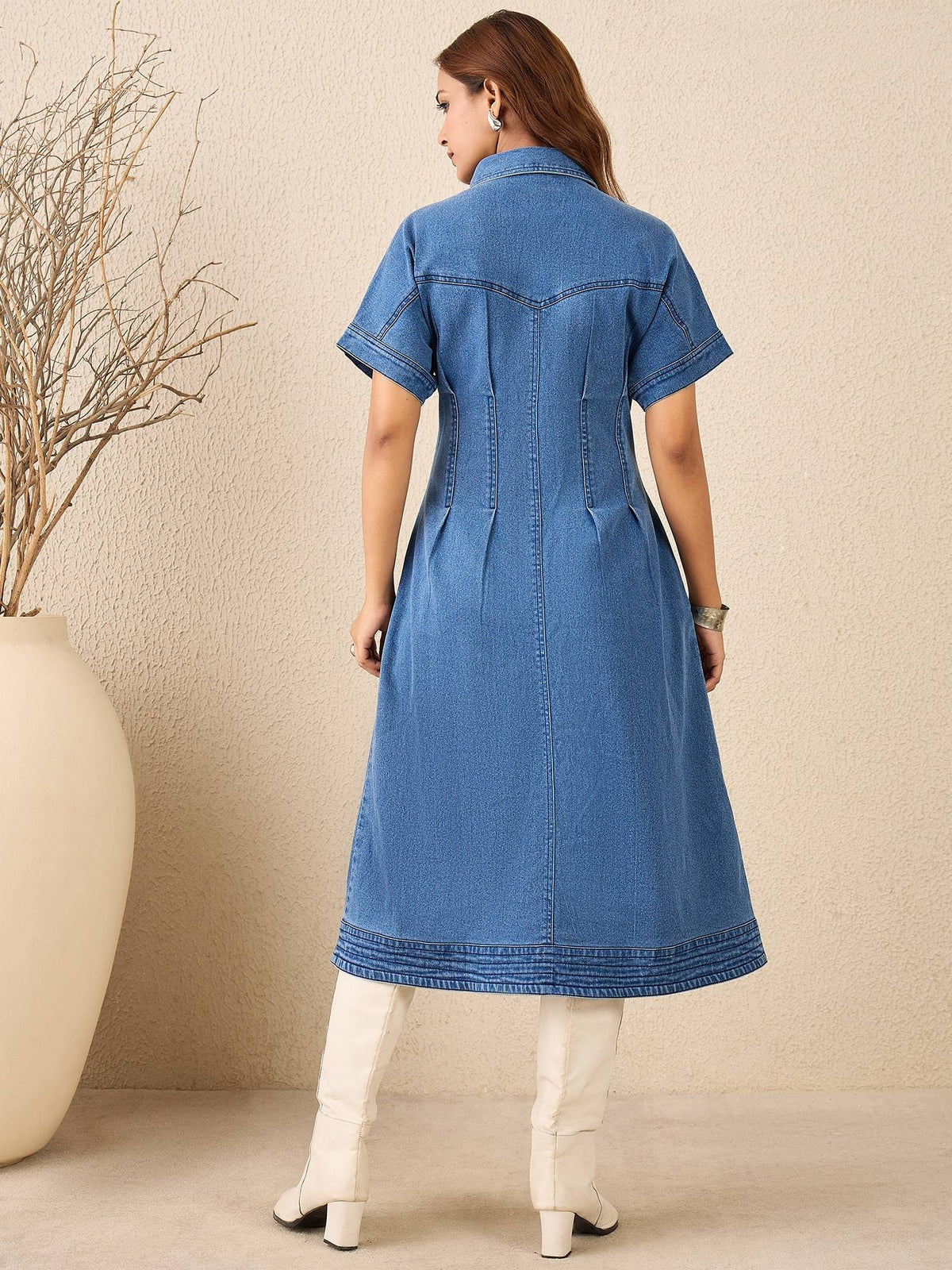 Women's Waist Fitted Denim Midi Dress | D56 - view 3