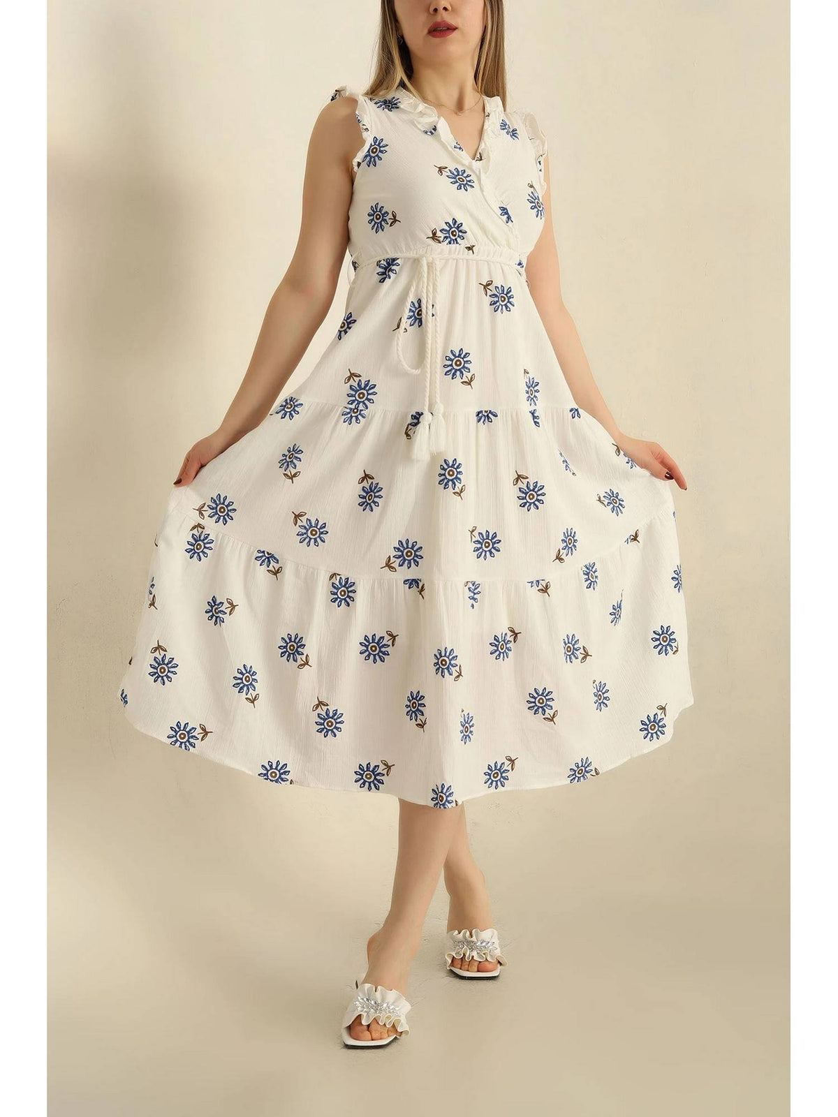 Pink V-Neck Floral Printed Dress with Belt | D56 - view 4