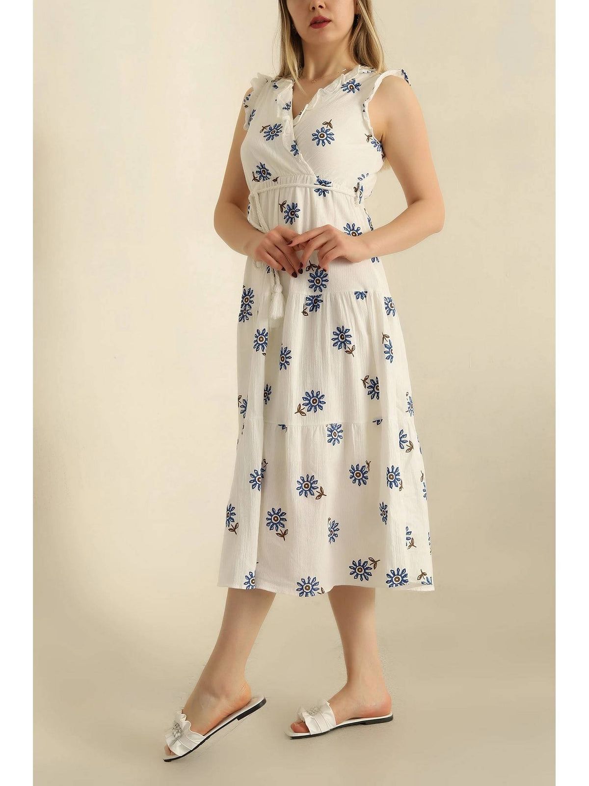 Pink V-Neck Floral Printed Dress with Belt | D56 - view 5