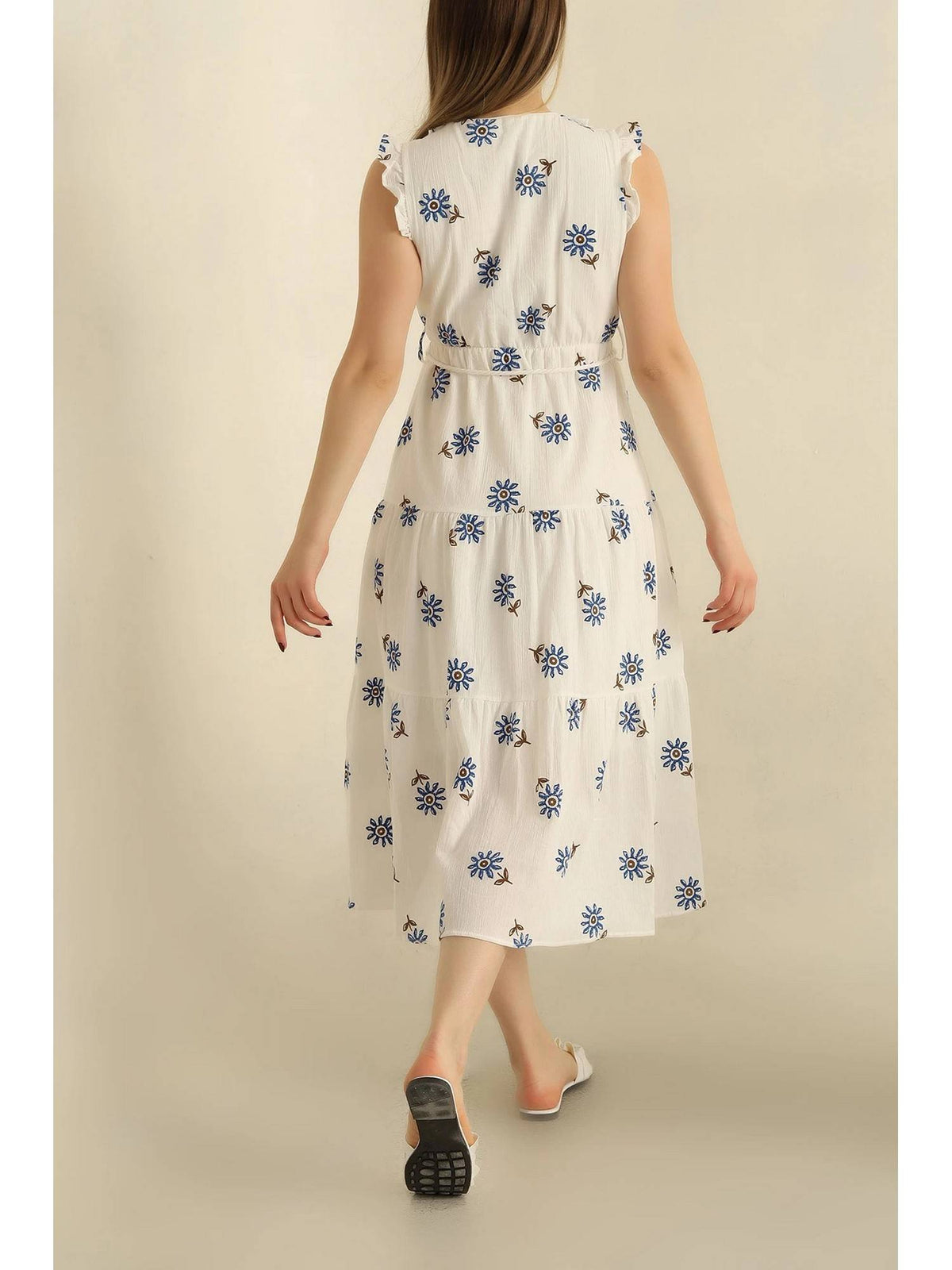 Pink V-Neck Floral Printed Dress with Belt | D56 - view 6