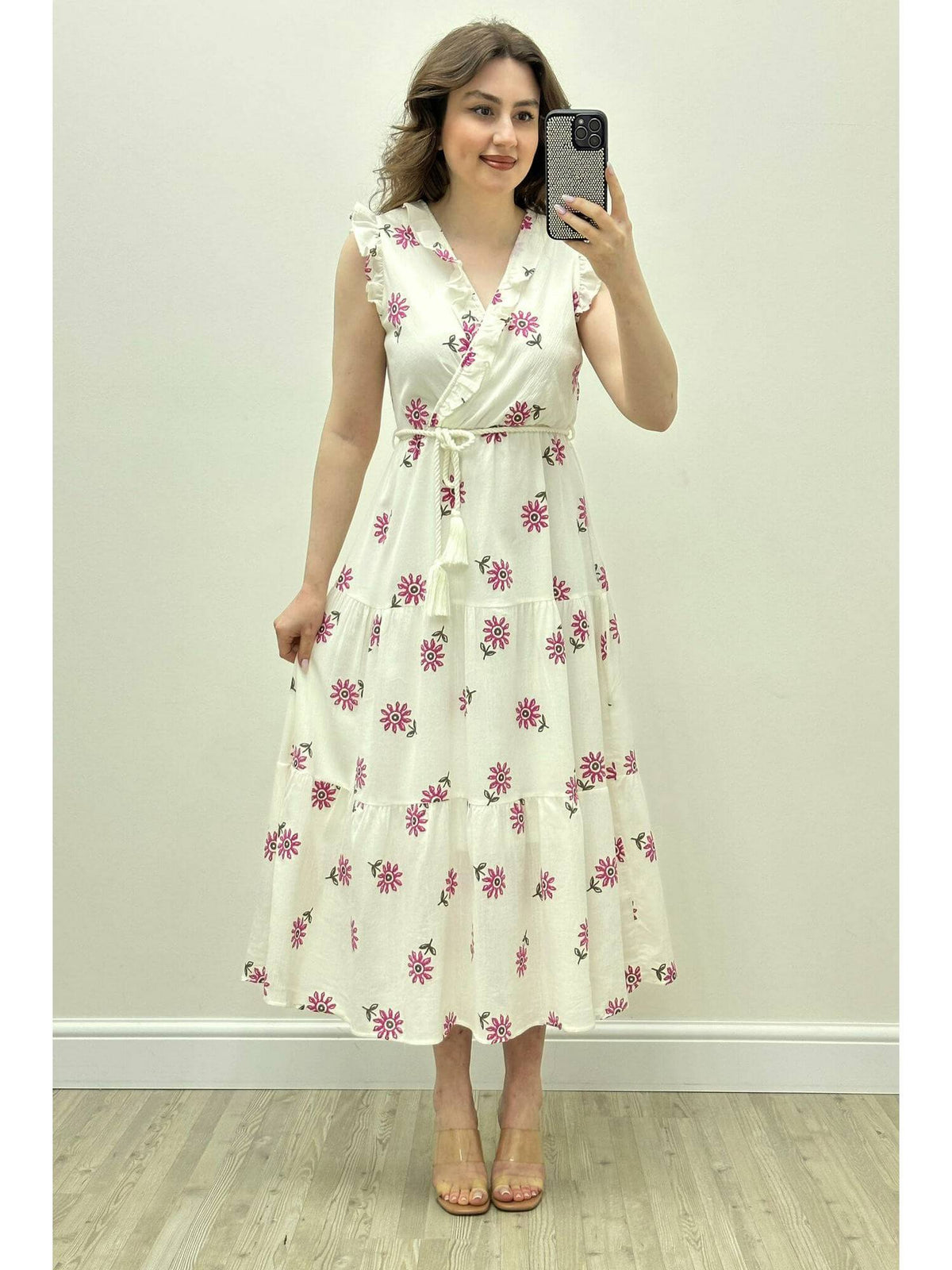 Pink V-Neck Floral Printed Dress with Belt | D56 - view 1