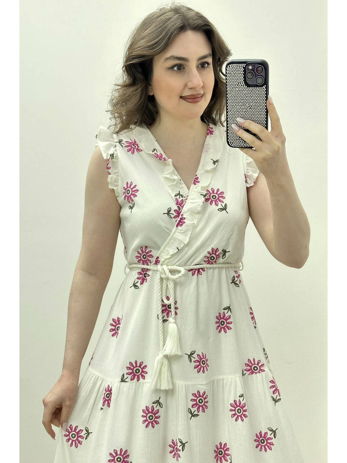 Pink V-Neck Floral Printed Dress with Belt | D56 - view 2