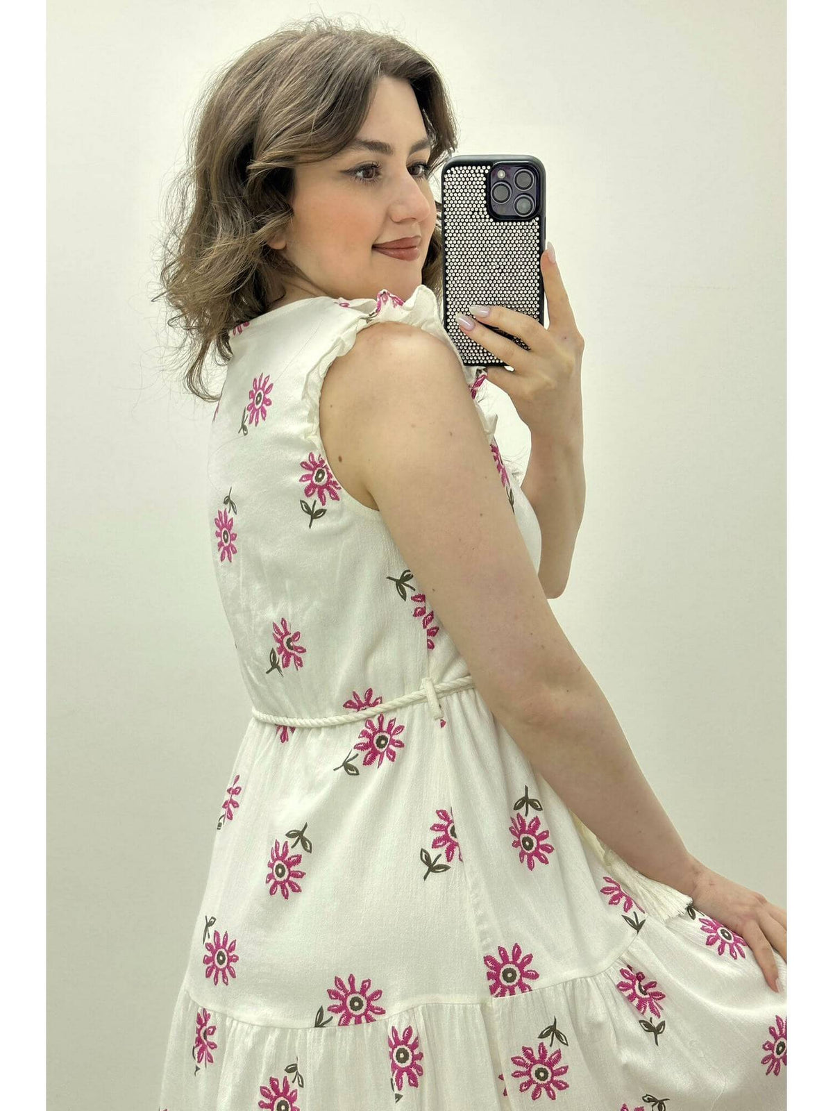 Pink V-Neck Floral Printed Dress with Belt | D56 - view 3