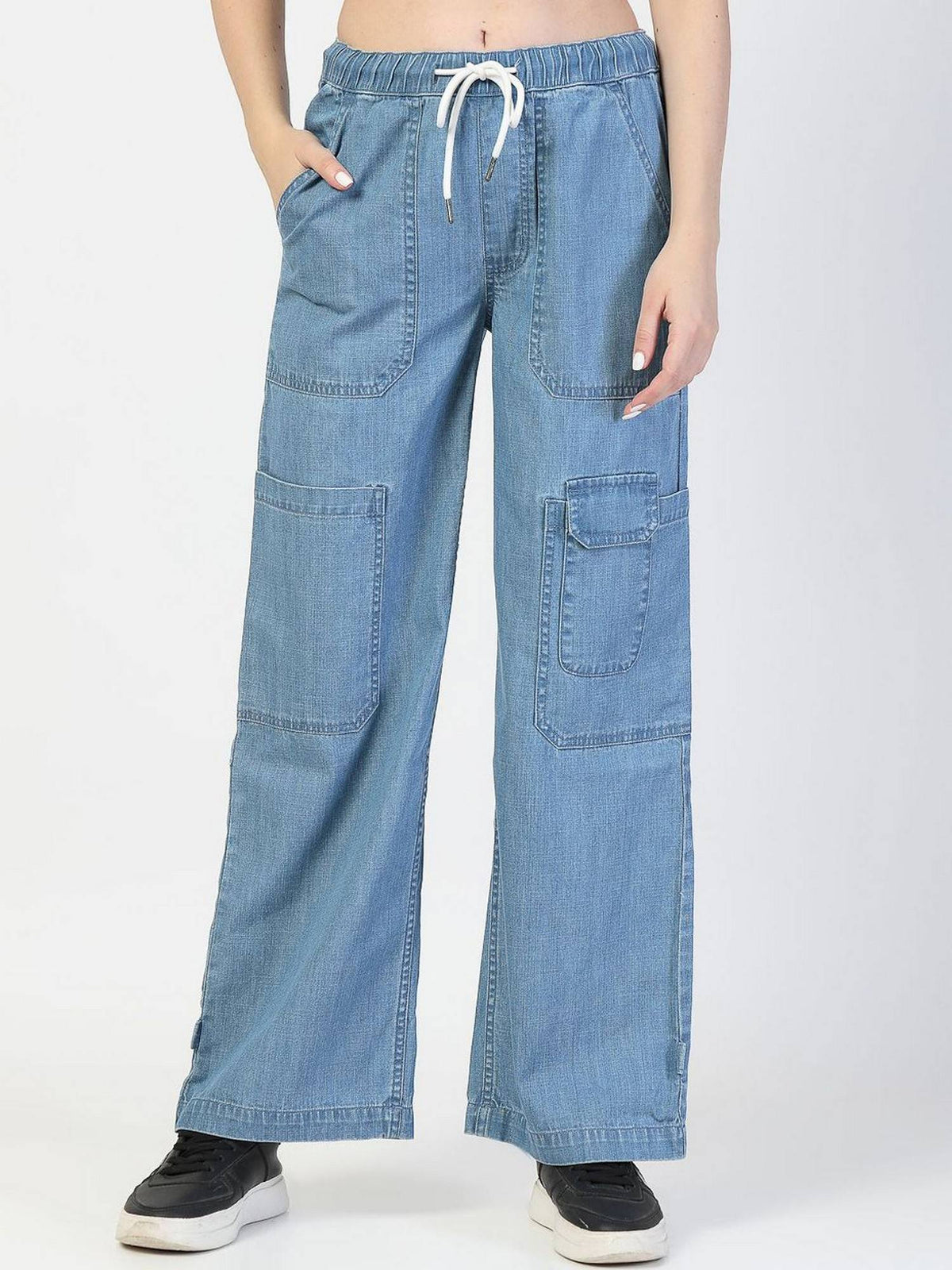 Relaxed Straight Leg Loose Fit Cotton Blue Cargo Jeans | RF89 - view 1