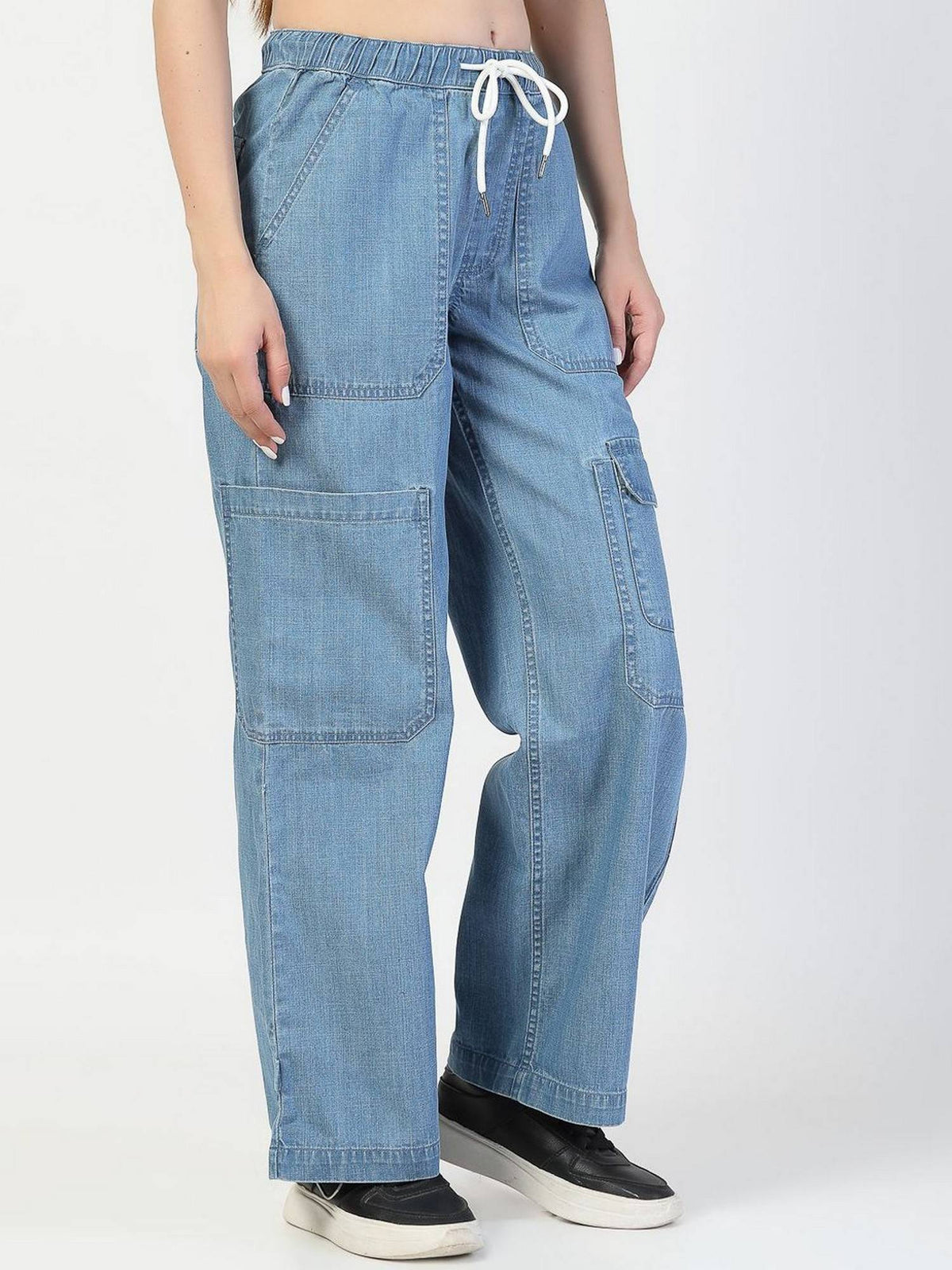 Relaxed Straight Leg Loose Fit Cotton Blue Cargo Jeans | RF89 - view 2