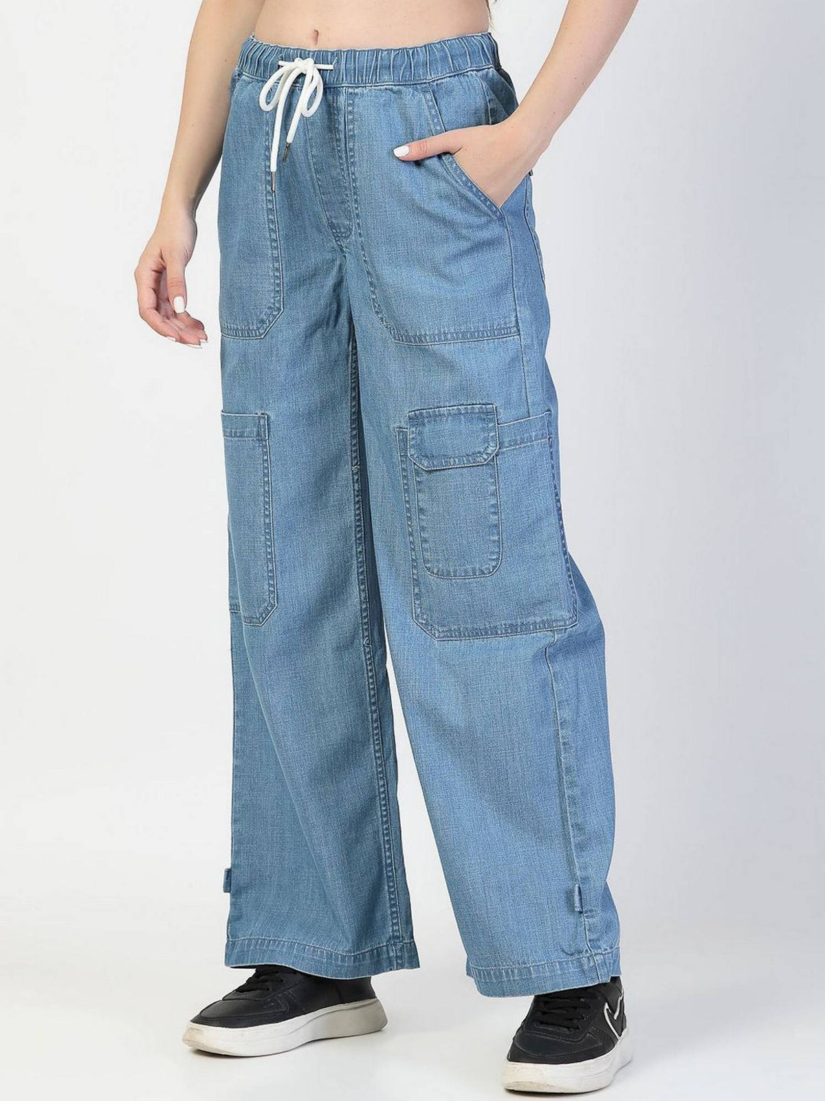 Relaxed Straight Leg Loose Fit Cotton Blue Cargo Jeans | RF89 - view 3