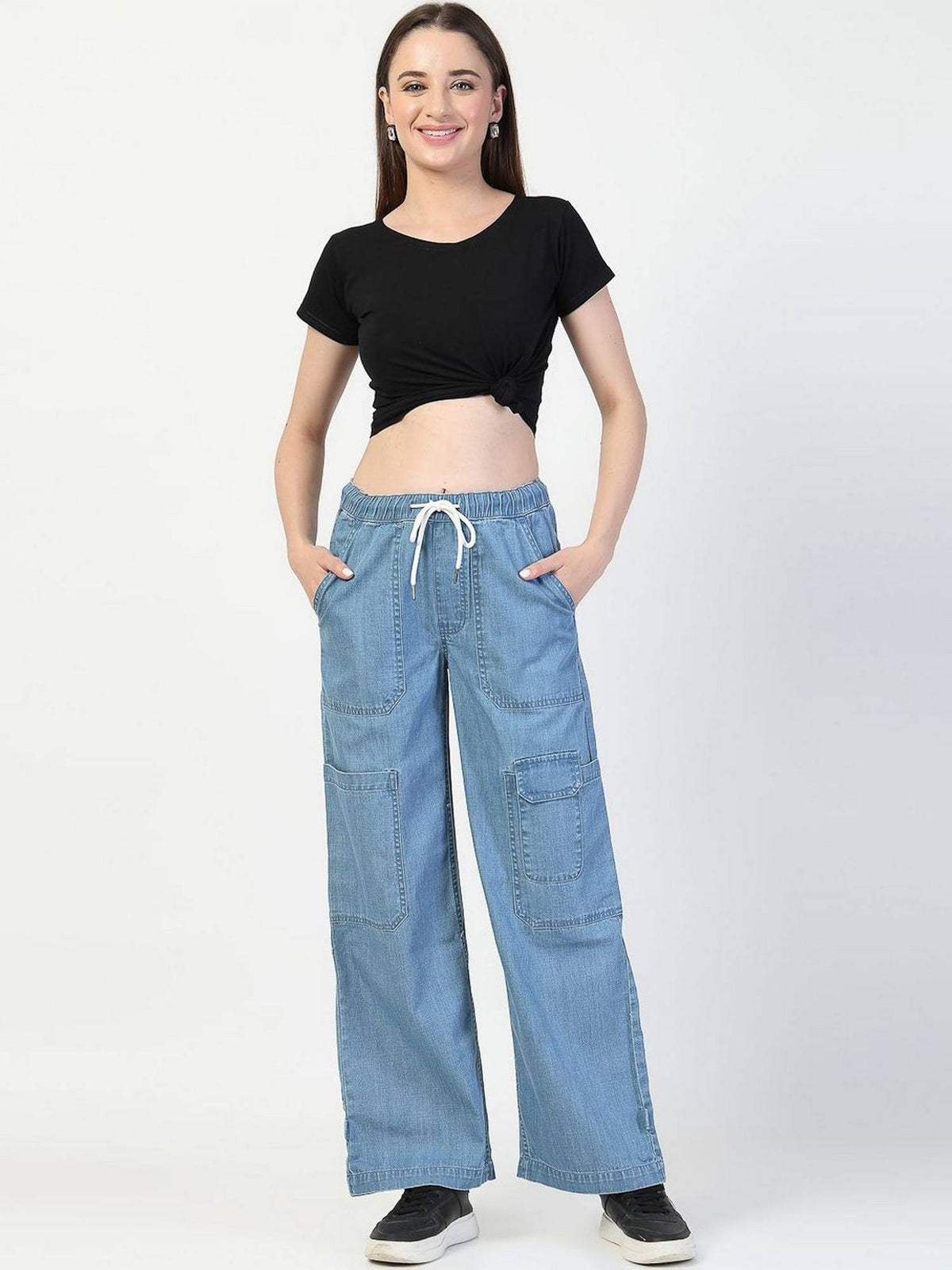Relaxed Straight Leg Loose Fit Cotton Blue Cargo Jeans | RF89 - view 4